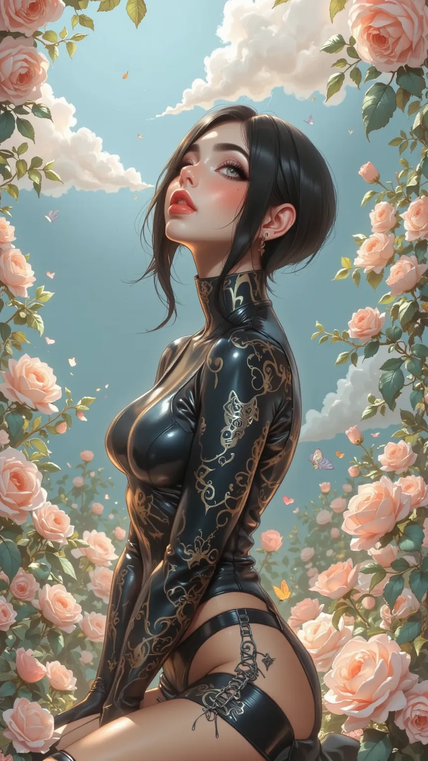 （Height Detail、digital illustration、Surrealist、anime style、8K、movie lights、Ultra-polished rendering）一幅Height Detail的digital illustration，描繪了一個具有anime style美感的年輕女性，She has a white porcelain skin tone and a smooth black pixie cut，makes her side contour clearer。Her hair style is refined，Neat edges，soft texture，gives her those big almond-shaped eyes（with deep black eyeliner）looks more calm、meditation。She wears a tight high-collared black bodysuit Dress，made of a shiny reflective material similar to latex or polystyrene。