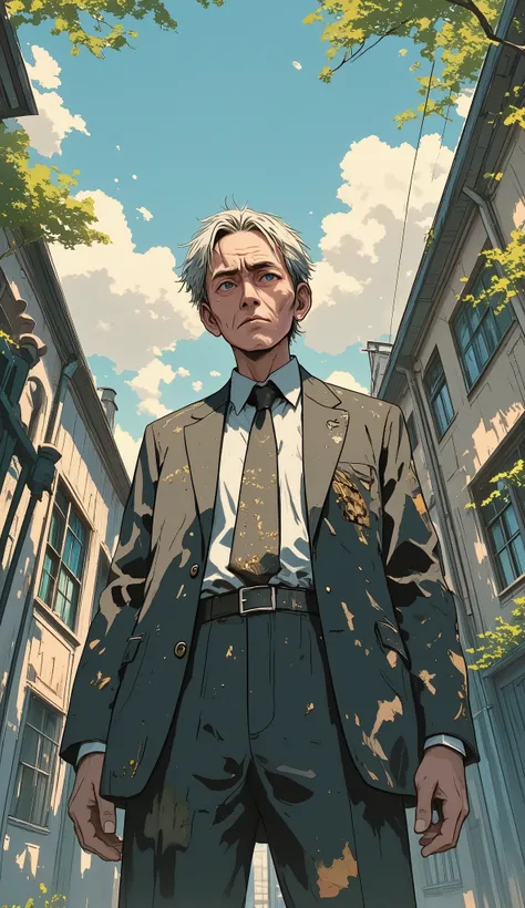 Medium-shot, vertical pastel-style illustration featuring a 50-year-old male principal standing in front of a school gate. He has a stern, aged face with gentle eyes, short graying hair, and slight wrinkles. His old formal suit appears oddly aged or frayed...
