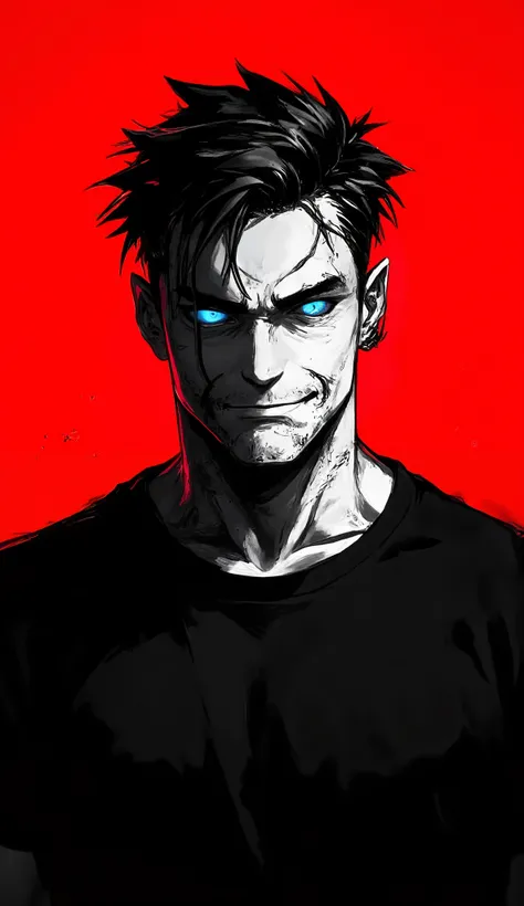 An anime-style confident adult man, handsome face, black and white color scheme, calm, blue glowing eyes, fit, healthy and strong appearance, rich-looking, wearing a black T-shirt, bold red background, powerful aura, cinematic lighting, clean and sharp ske...