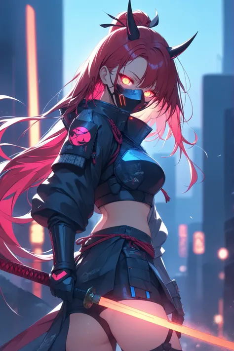 ((masterpiece)), ((RAW 4K)), ((anime-real fusion)), ((extreme detail)), ((cyberpunk samurai woman)), ((The Crimson Blade)), ((veteran warrior)), ((glowing eyes)), ((high-tech armored gloves)), ((neon-accented armor)), ((urban dusk lighting)), ((cinematic t...
