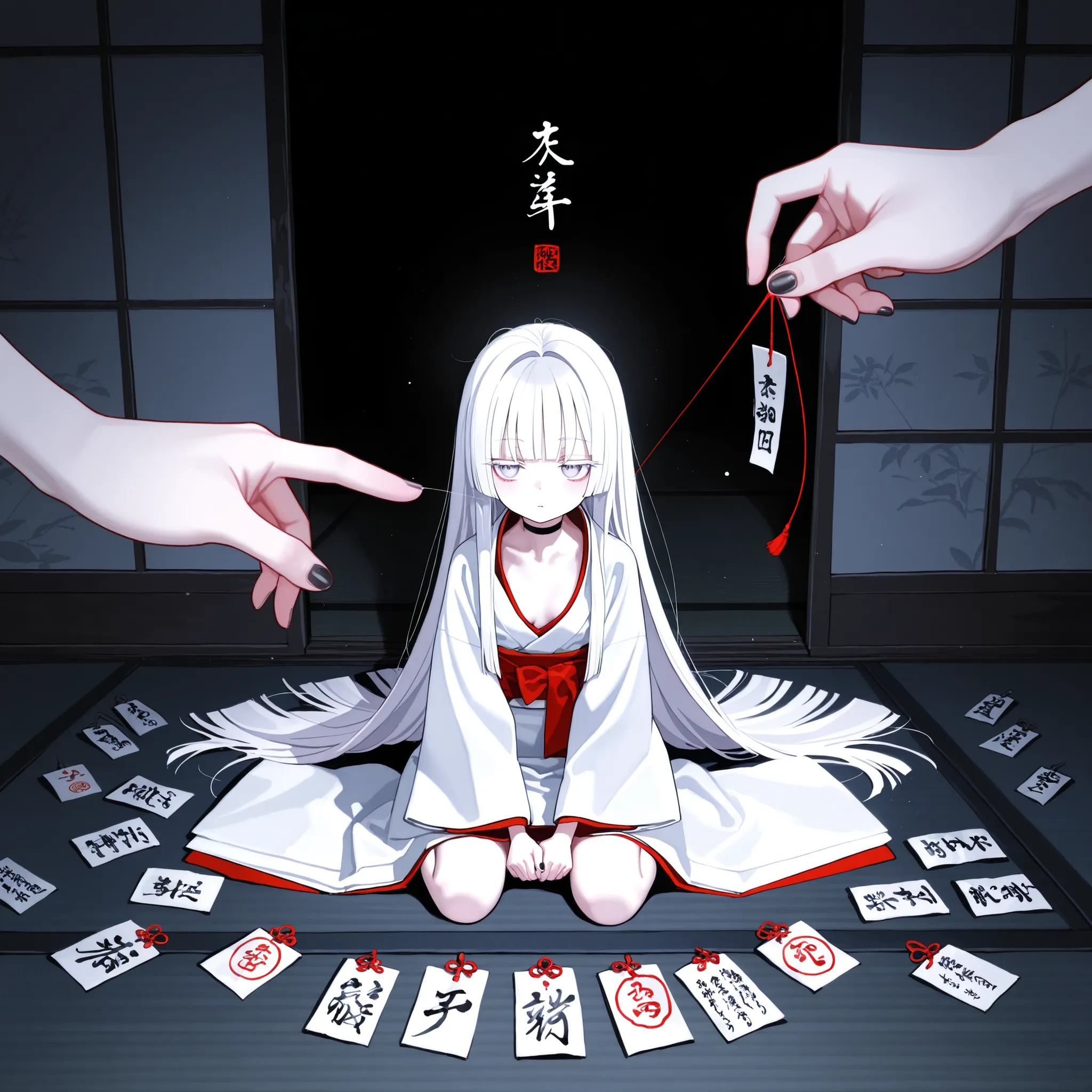 1girl, light lavender eyes, light lavender lush eyelashes, jitome, Very thick and long white Hair, blunt bangs, hime cut, flat Breast, white clothes, kumo-onna, Choker, nail polish, black nails, masterpiece, best quality, Perfect details, perfect compositi...