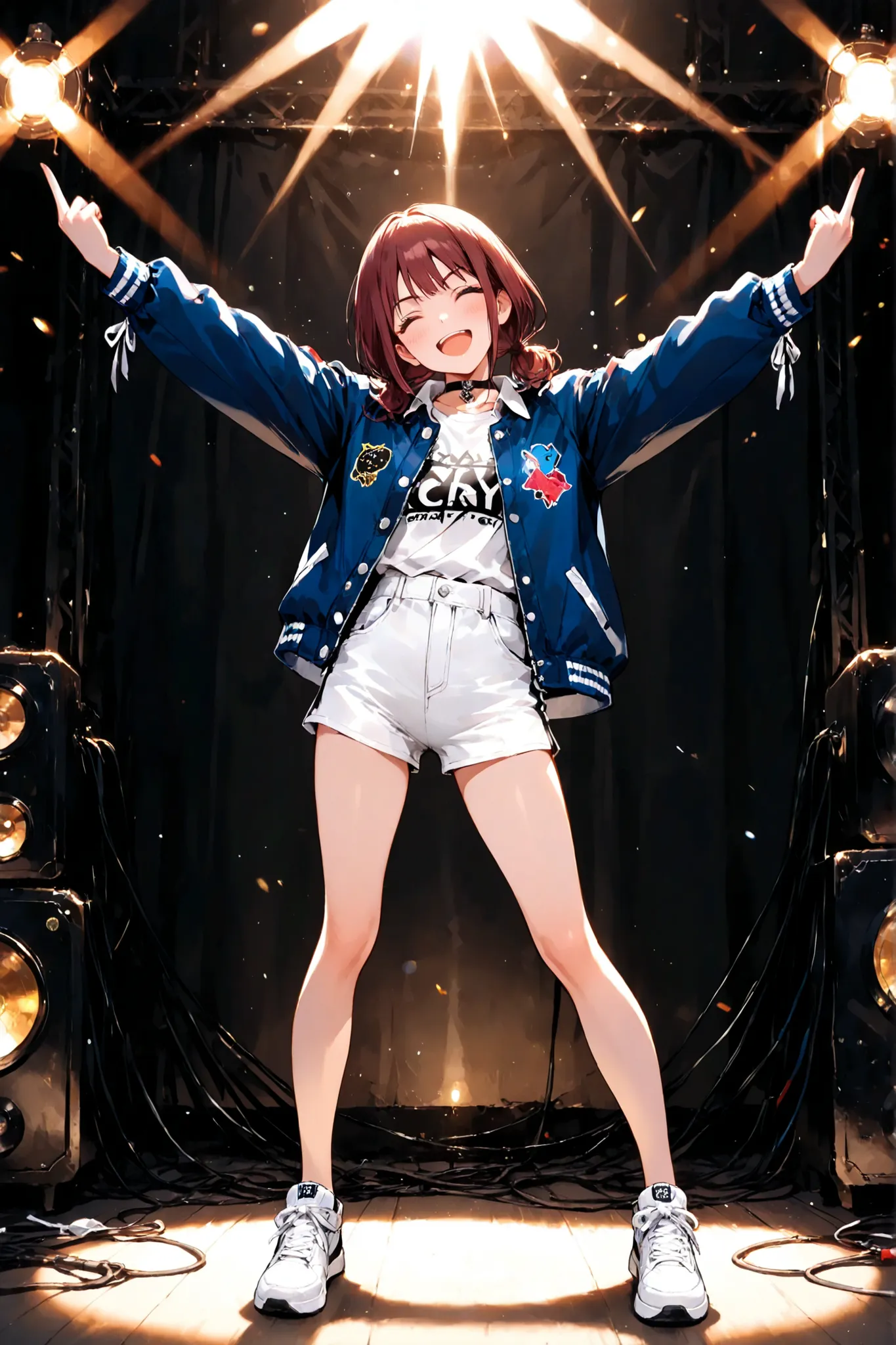masterpiece,best quality,1girl,solo,iseri nina,girls band cry,safe,red hair,brown hair,twintails,low twintails,short twintails,medium hair,blue eyes,bare legs,choker,black choker,long sleeves,jacket,blue jacket,buttons,shirt,collared shirt,open clothes,ope...
