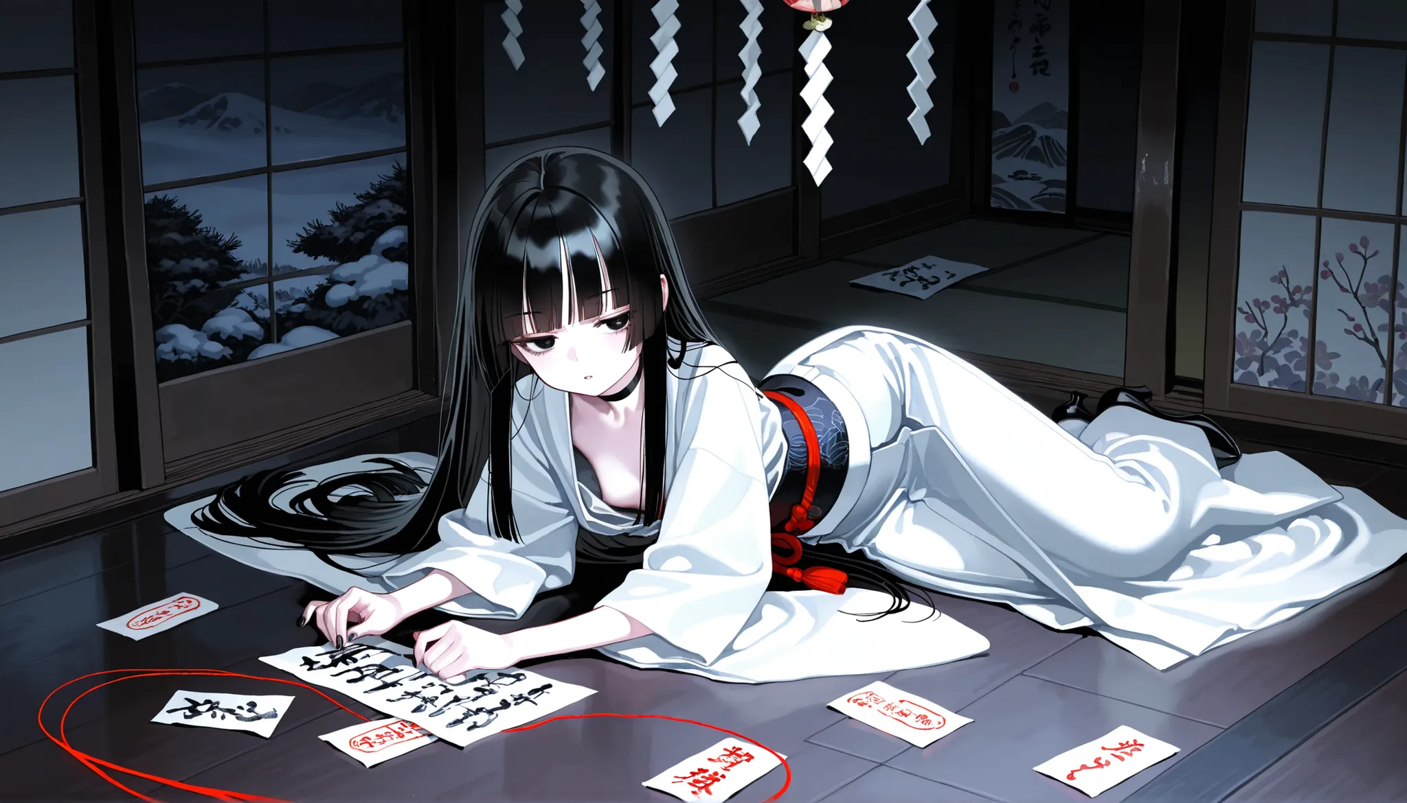 1girl, black eyes, black lush eyelashes, jitome, Very thick and long black Hair, blunt bangs, hime cut, flat Breast, white clothes, kumo-onna, Choker, nail polish, black nails, masterpiece, best quality, Perfect details, perfect composition, Perfect face, ...