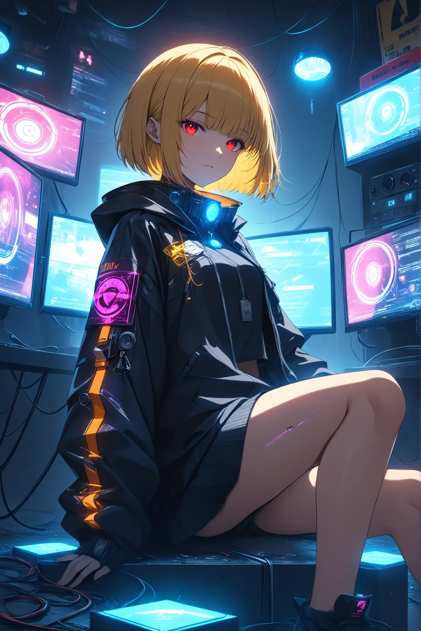 ((masterpiece)), ((RAW 4K)), ((anime-real fusion)), ((ultra detail)), ((cyberpunk mafia girl)), ((high-tech realism)), ((golden bob cut hair)), ((amber red eyes)), ((glowing hologram interfaces)), ((neon ambient lighting)), ((cinematic tone))
A mysteriou...