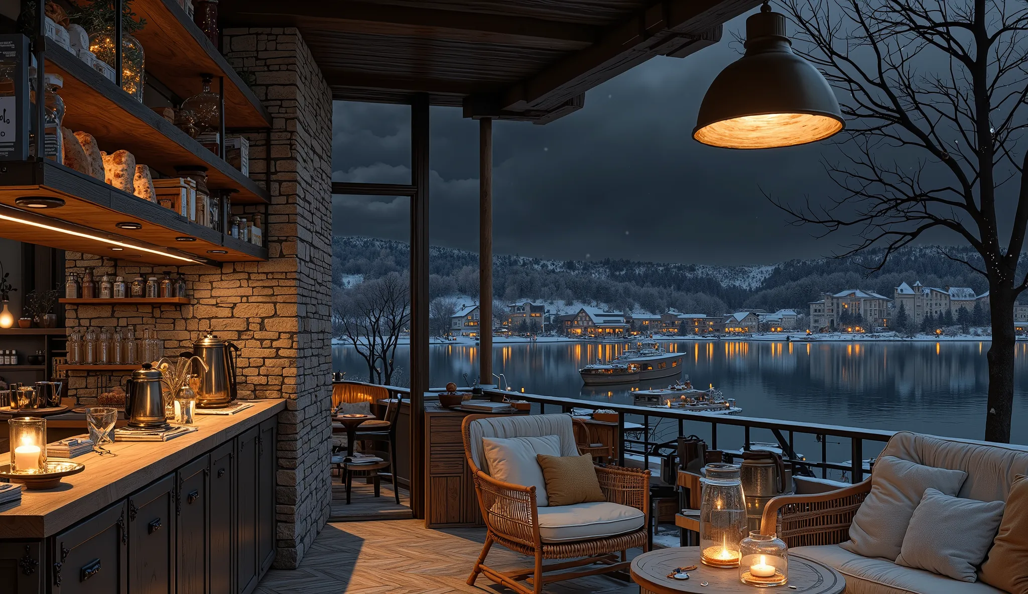 Cozy cabin with fireplace, không có cây Giáng sinhThe scene depicts a Cozy cabin with fireplace, rustic cafe, overlooking a beautiful lake, The interior has a wooden counter, on which a shiny metal coffee pot shines, symbolism of the art coffee floor and w...