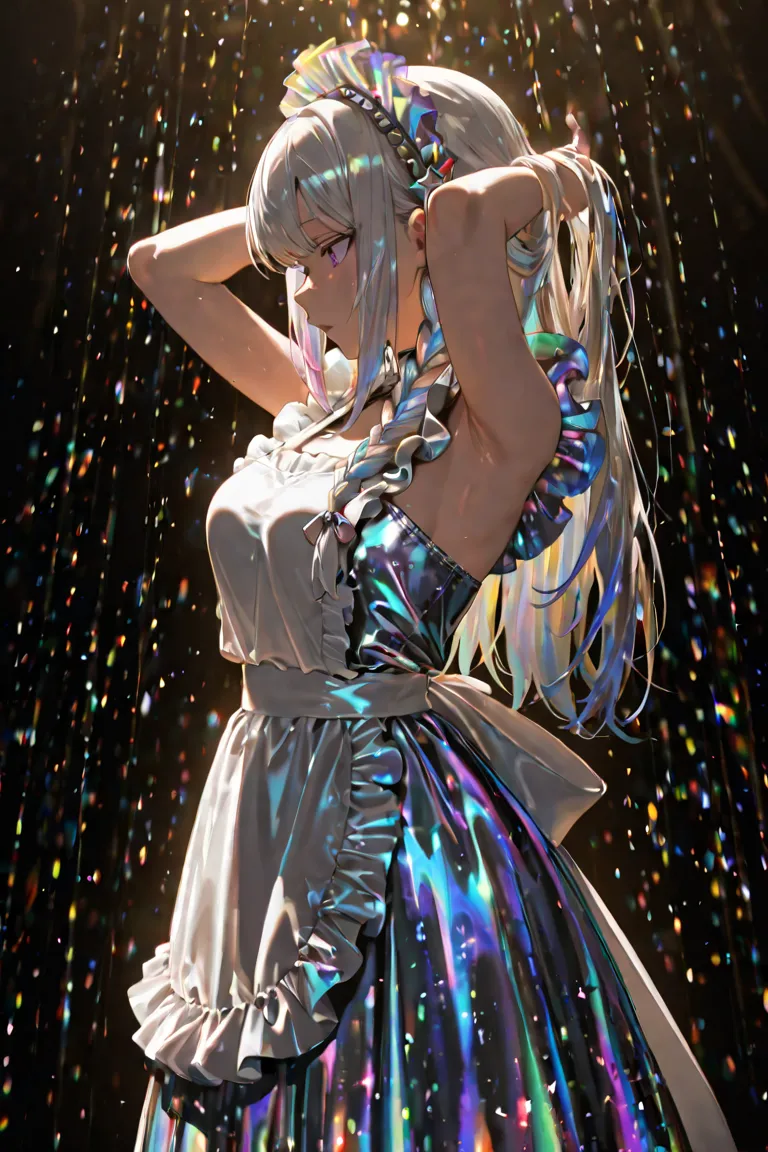 from side, ultra detailed, absolutely resolution, masterpiece, cool beauty slut, glossy silky flowing high layered iridescent platinum one side braided hair, lewd expression, seduction, make up, great perfect proportion, side breasts, hands behind head, wearing sequined dress with apron-like design, emits prism-like sunshine of various colors, background black light curtain, various iridescent glitter effects, (brilliant light and shadow, seamless, contrast, gradation) effects, highly detailed, sharp focus and contrast, extremely clear image, 2.5D, artistic photography, hyper realistic, effects magic, shading effects magic, lighting effects magic