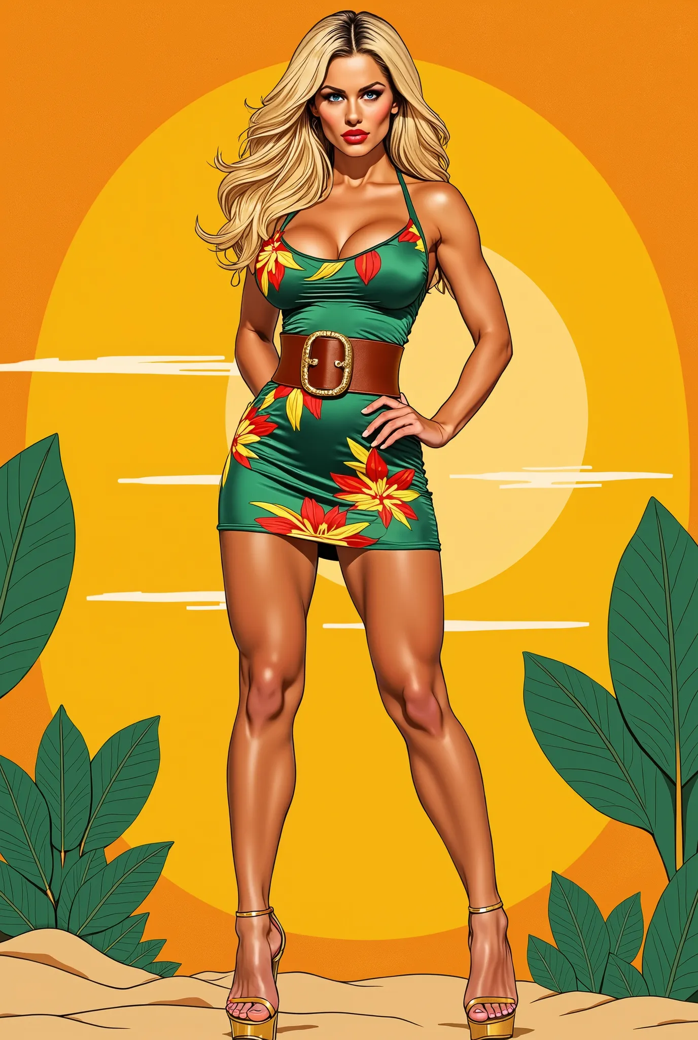 1960s poho poster full body shot beautiful pretty sexy cool muscle provocative 18 old years fitness model woman looking with her head slightly turned down tall athletic figure blonde long hair shapely calves large breasts thin waist wide shoulders blue sed...