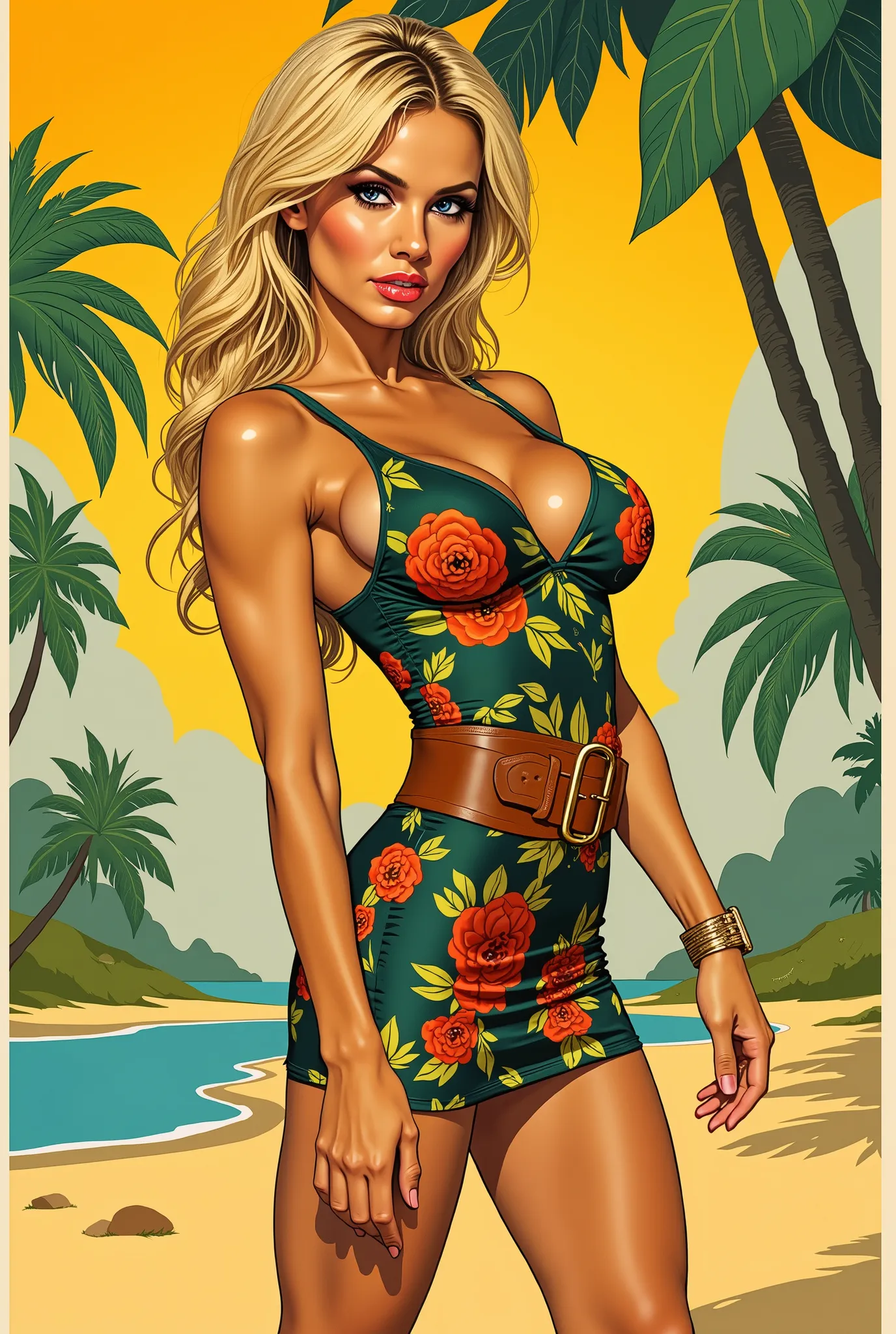 1960s poho poster full body shot beautiful pretty sexy cool muscle provocative 18 old years fitness model woman looking with her head slightly turned down tall athletic figure blonde long hair shapely calves large breasts thin waist wide shoulders blue sed...