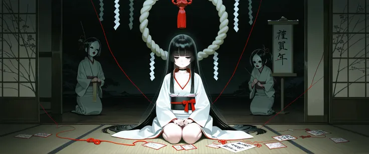 1girl, black eyes, black lush eyelashes, jitome, Very thick and long black Hair, blunt bangs, hime cut, flat Breast, white clothes, kumo-onna, Choker, nail polish, black nails, masterpiece, best quality, Perfect details, perfect composition, Perfect face, ...