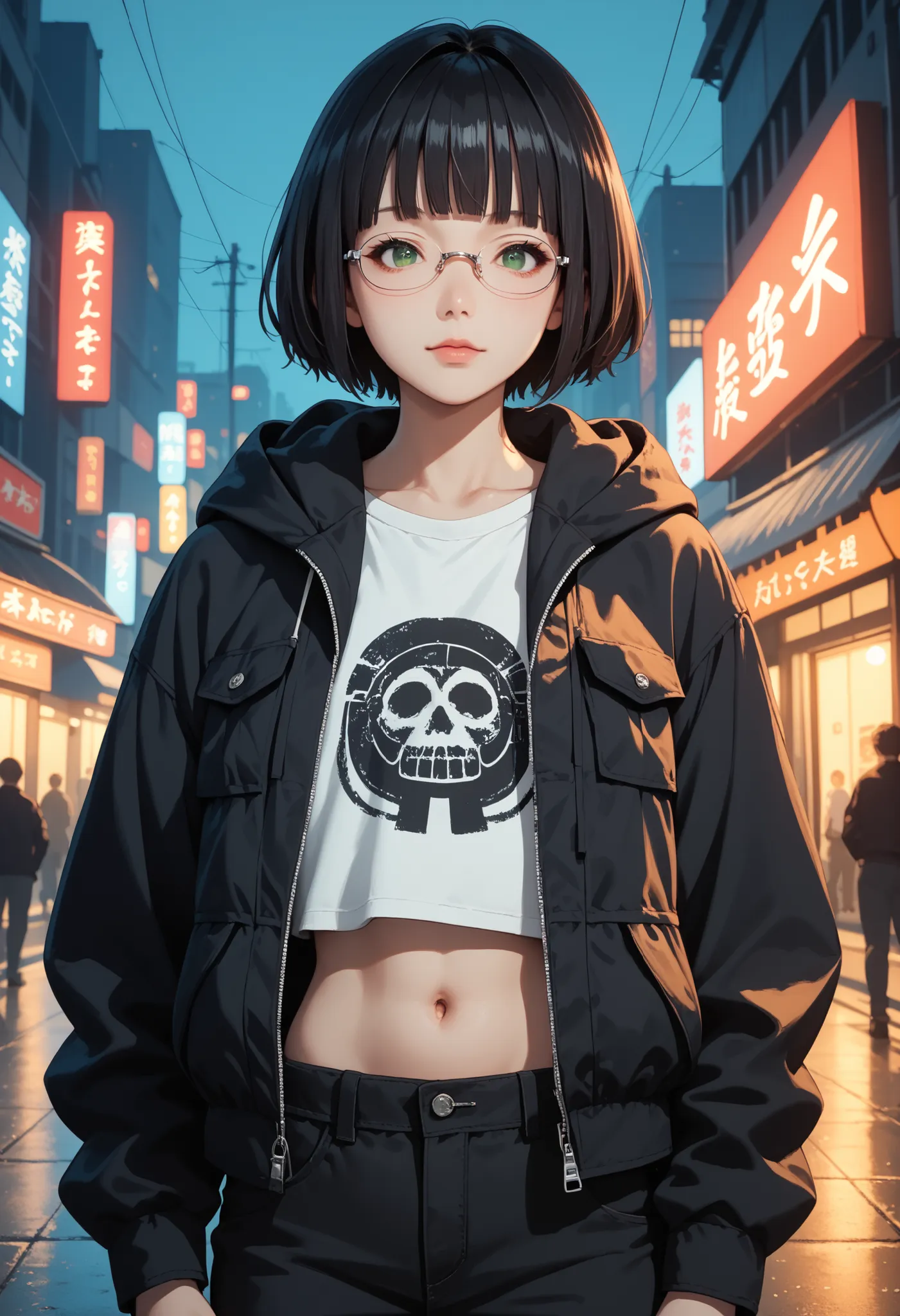 "Score_9, score_8_up, score_7_up, score_6_up, source_anime, rating:general, 1girl, upper body, standing in an urban city after a rainstorm, nighttime, neon lights , cool and edgy atmosphere, black hair, short hair, feathered layered bob hair, blunt bangs, ...