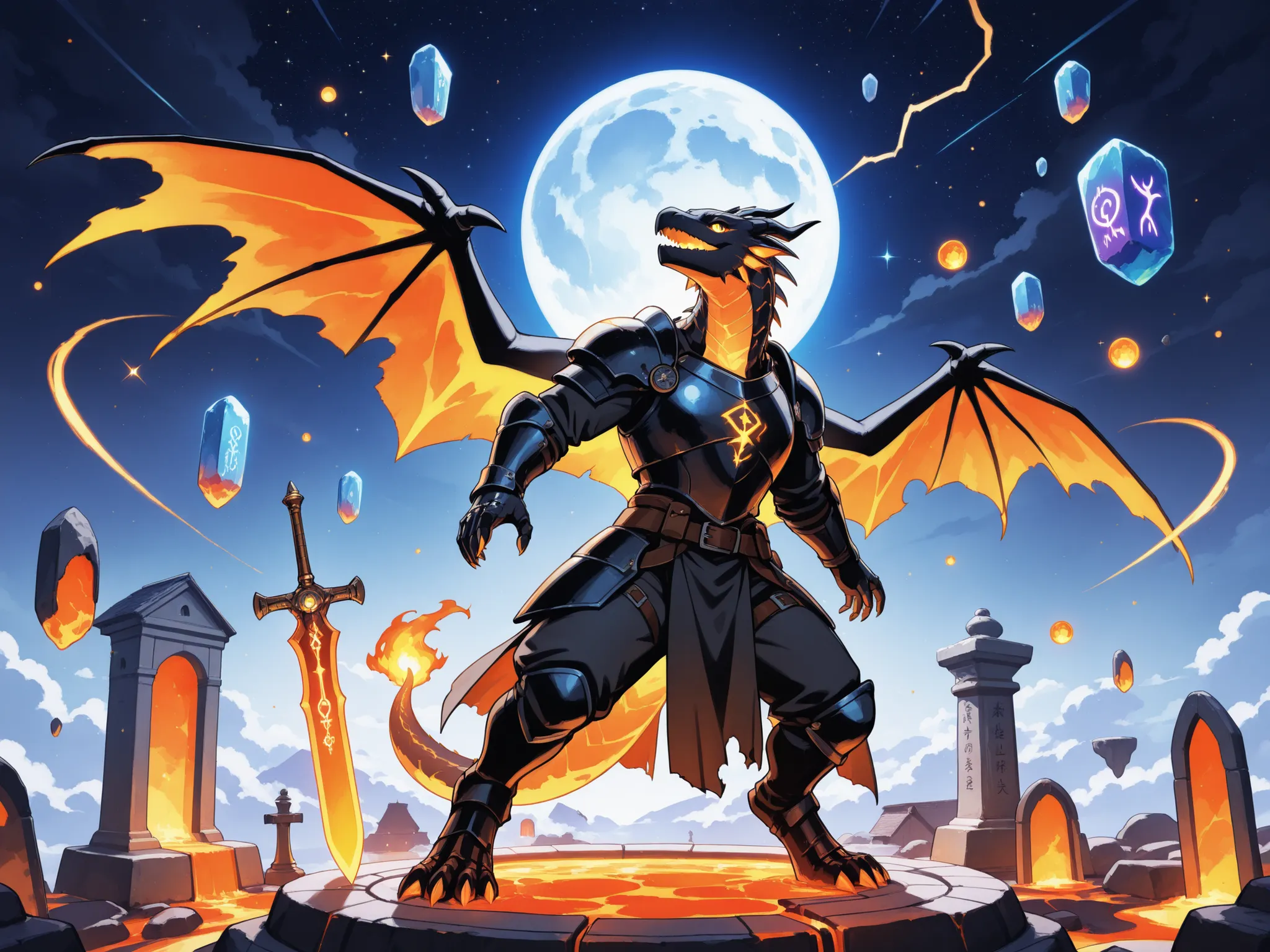 "Sky Blade Forge"
Imagine a solitary forge, floating on a rocky piece of earth among the clouds. A massive stone building with ancient runes on the walls and a roof made of iridescent metal, reflecting the light of the stars and the full moon.
In the cente...