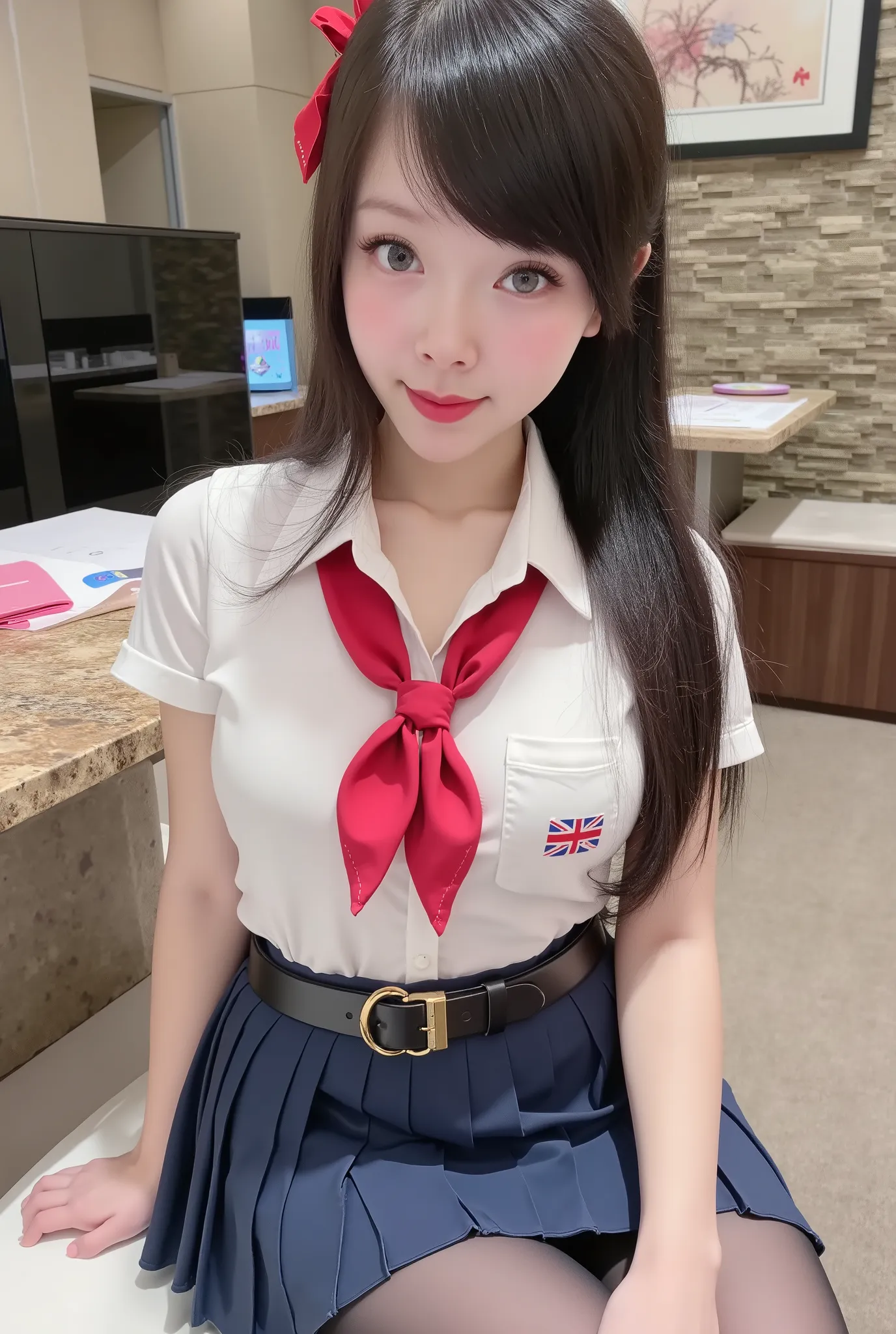 very young slim fit girl, full height, rounded face, (disheveled very long dark hair:1.4), ponytails, big blue eyes, shy smile, perfect medium breast, pioneer neckerchief, micro tight blue pleated skirt, bangs, tight white shirt, short sleeves, collared sh...