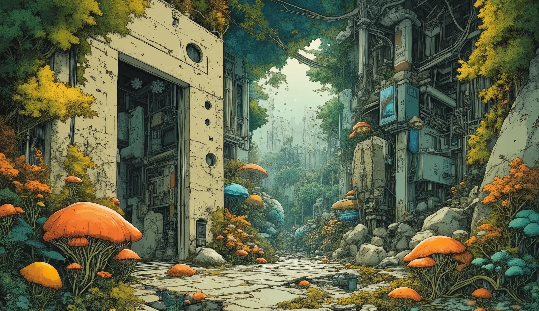 Eine U-Bahn-Station, completely overgrown with moss and ferns. Many different types of mushrooms, that grow from the corners. tiles fall off the walls and release rusty reinforced concrete. A little fox and a raccoon stand in the middle(sehr im Vordergrund...