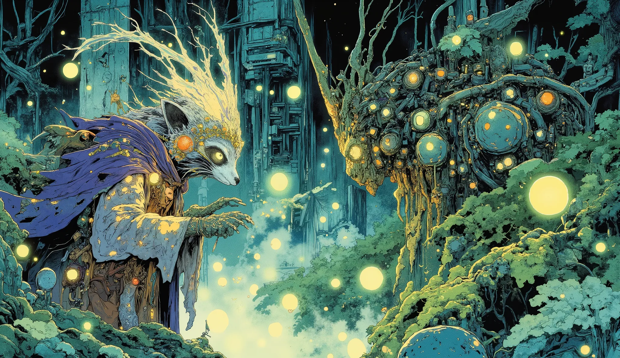 a fantasy raccoon wizard (Purple and orange clothing ) and a time-traveling cyborg gorilla fighting in front of an overgrown ruin in the middle of the forest. Viele Pilze, Ferns and moss in the background. glowing butterflies and small flying jellyfish in ...