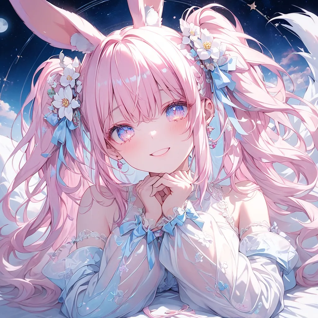 Masterpiece, top quality, absurd, high resolution, cinematic composition, ultra detailed, high quality,A young, light-skinned female anthropomorphic (rabbit-like) character, positioned in the center of the image. She is reclining, with a relaxed pose.  The character displays large, expressive eyes with pink highlights, a subtle smile, and a pale complexion.  Her hair is long, blonde with pink highlights, styled in loose waves. She wears a delicate, off-white, lacy lingerie-style bodysuit with intricate designs resembling flowers and sparkling details.  The bodysuit appears translucent in certain areas, revealing the skin underneath.  Large white fox-like paws are depicted on both hands and arms.  The background depicts a starry night sky with visible constellations,  and a crescent moon. The lighting is soft, and the color palette is predominantly pastels, with soft pinks, whites, and light blues.  The overall style is anime-inspired, with detailed character features and a dreamy, romantic atmosphere. The character's orientation is facing slightly toward the viewer, with her head turned slightly to the left, and body angled. A gentle, ethereal glow emanates from her form.
