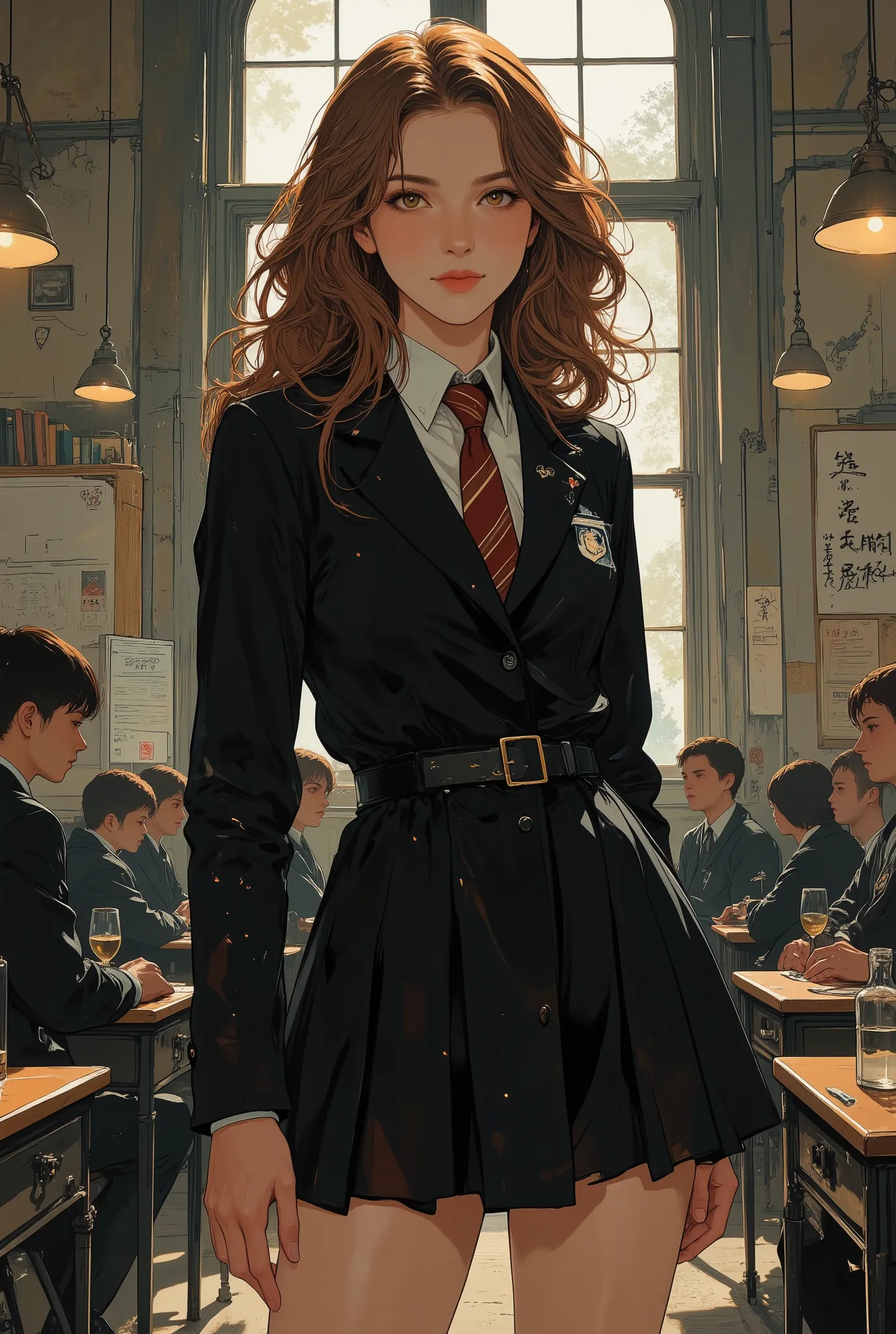 illustration of A stunningly beautiful woman, illustration, Hermione Granger, standing in the middle of a classroom at Hogwarts, Hogwarts uniform, short skirt, curly hair, light brown hair, hazel eyes, smirk, arrogant expression, she is smiling at the view...