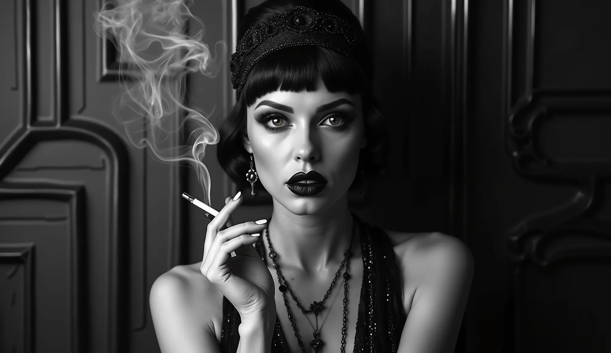 A stylish woman smoking a cigarette, exhaling elegant swirling smoke, close-up shot focusing on her face, wearing a vintage 1920s flapper dress with elegant accessories, monochrome black and white, high contrast lighting, cinematic noir style, art deco aes...