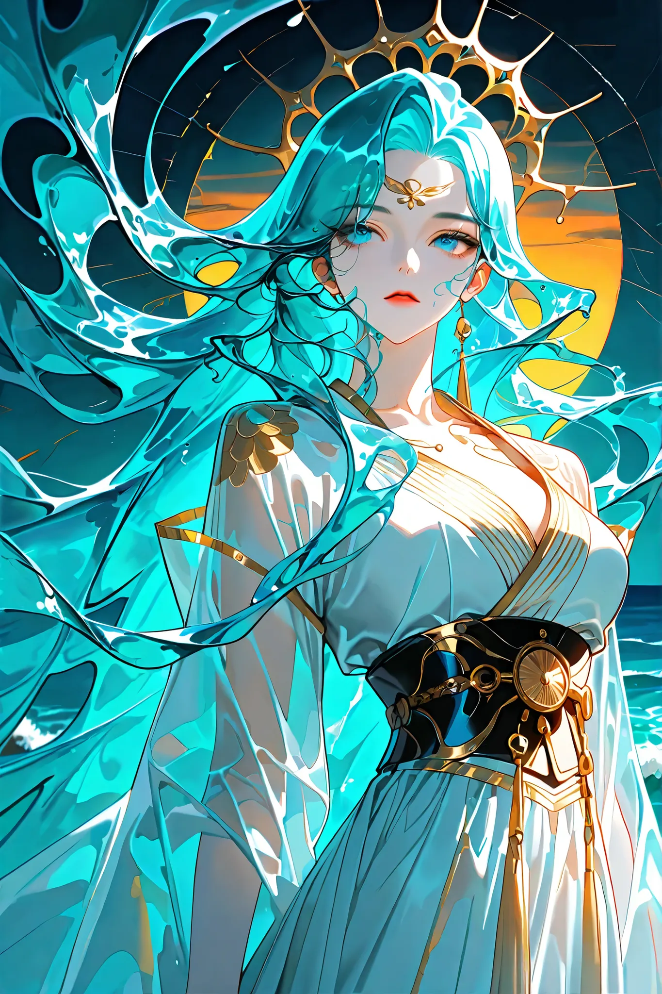 absurd, 1girl, Ocean Goddess，Multi-Layer Long Skirt Clothing, alone, liquid hair，Long hair, refer to[ Ryan Gosling Portrait: Abstract Background :0.5]，upper body