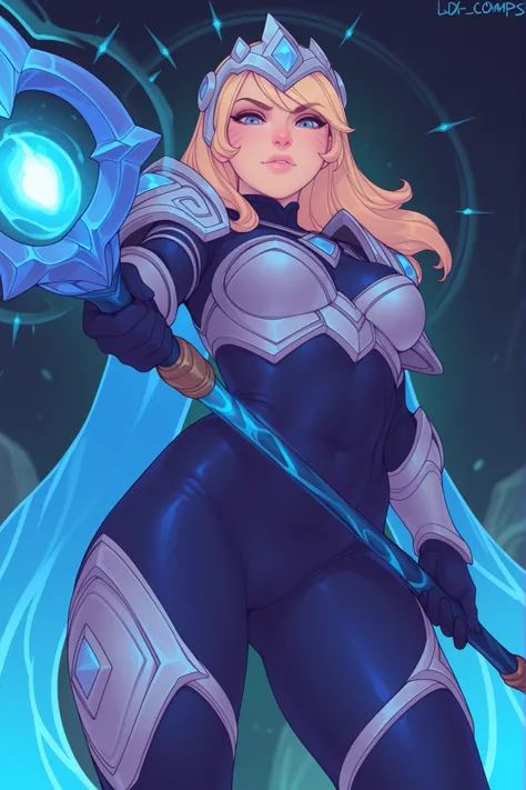masterpiece, best quality, 1girl, luxanna crownguard, anime, standing, blonde hair, medium breasts, looking at viewer, league of legends, summoners rift, in her blue bodysuit, armor elements, holding her magical staff, magical aura 
of luminosity around, c...