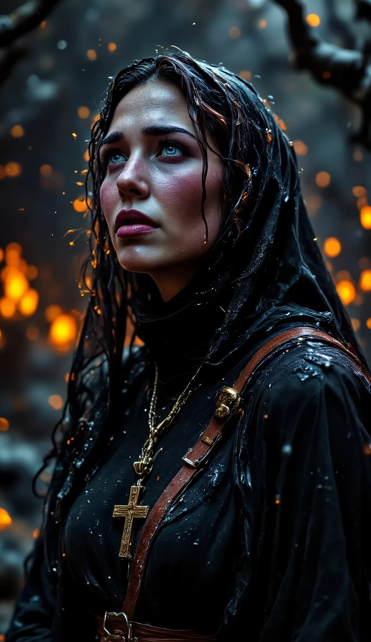 Really epic realism portrait, very low coloured and low contrast photography, 35 years old scantily clad sexy happily sad and crying innocent nun looking into the heaven from the left side. Nun with Jesus on the wooden cross necklace with leather strap on ...