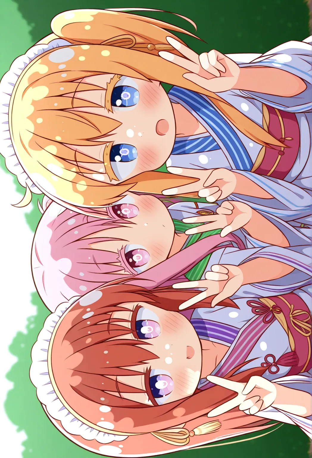 pegasus_seiya, inward v, ayanepuna, Gyaruo, hana_kazari, double V, Dappled Shade, multicolored stripes, colored eyelashes, pink pupils, beckoning, sash, deel, Hair Tassels, Sideways, Side Ponytail, headdress