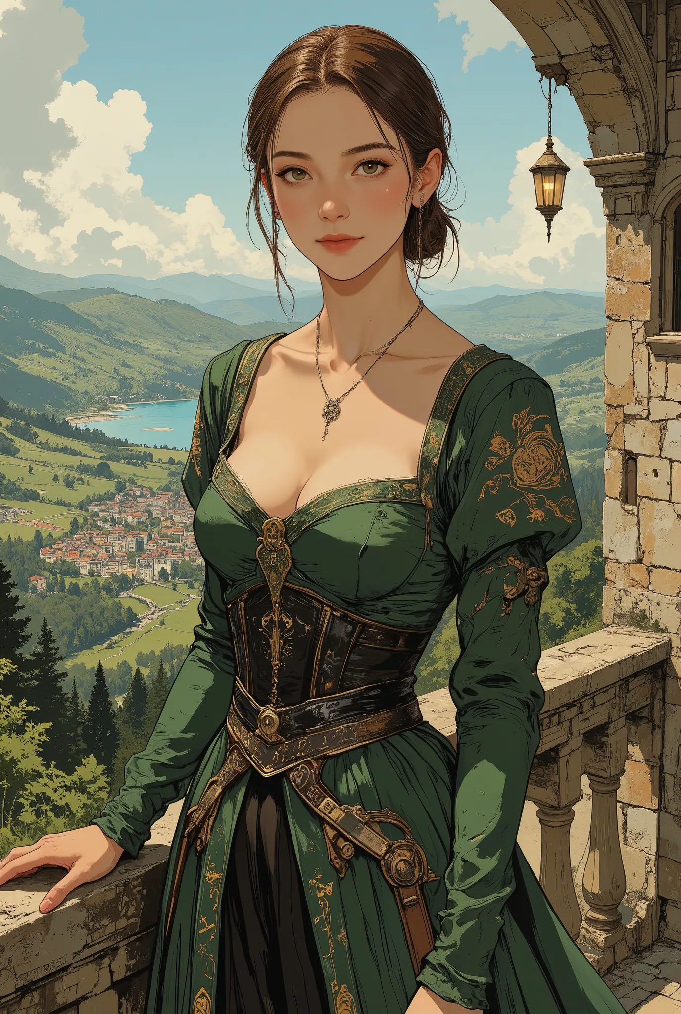 illustration of A stunningly beautiful woman, illustration, Margaery Tyrell (Game of Thrones), gorgeous and seductive young woman, light brown hair, emerald green eyes, low-cut neckline, square cut neckline, cleavage, bodice, medieval dress, standing on th...