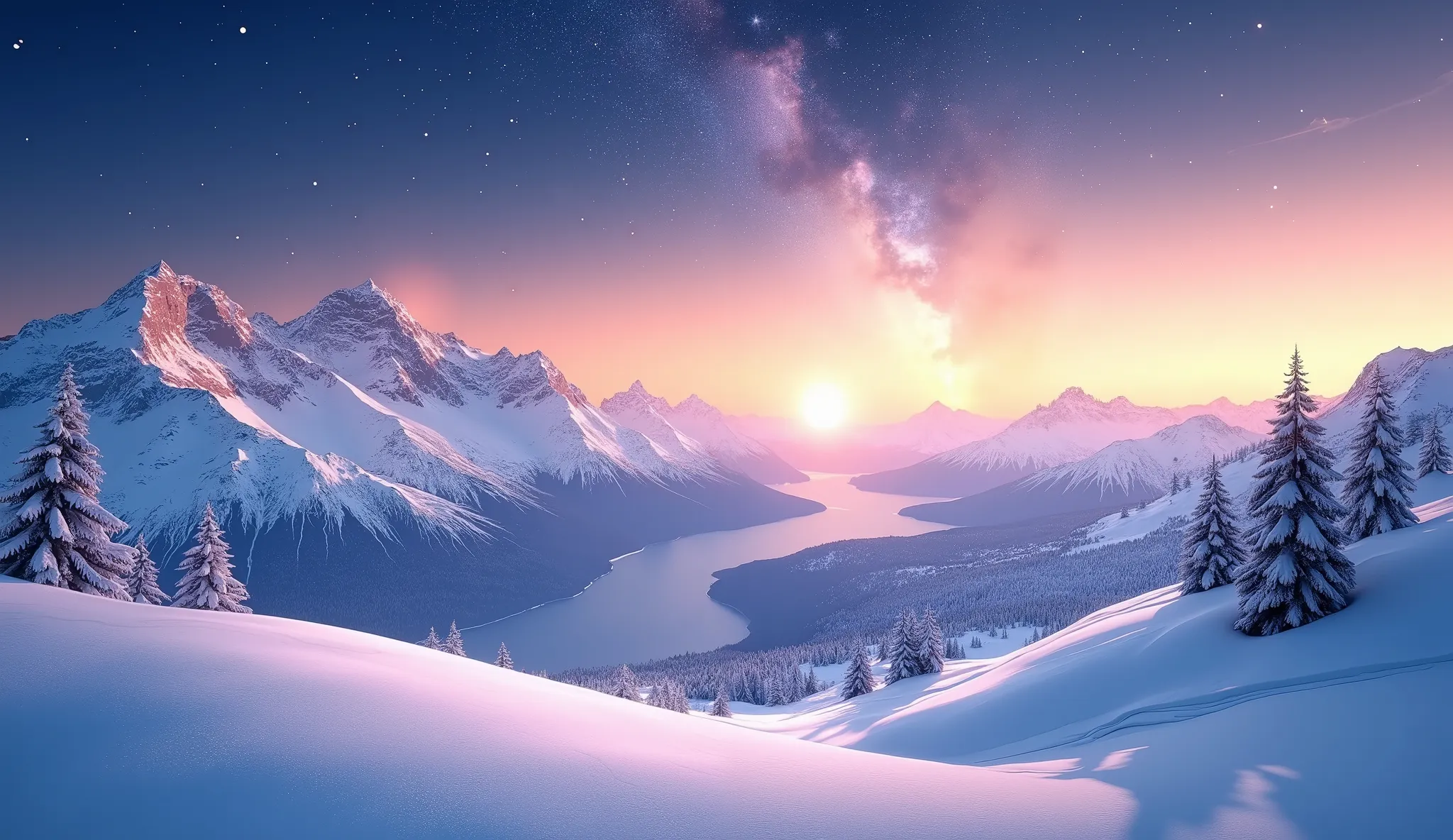 photorealistic lighting , HD-Details , Winter , Sonnenaufgang , Stern , Himmel , Berge ,