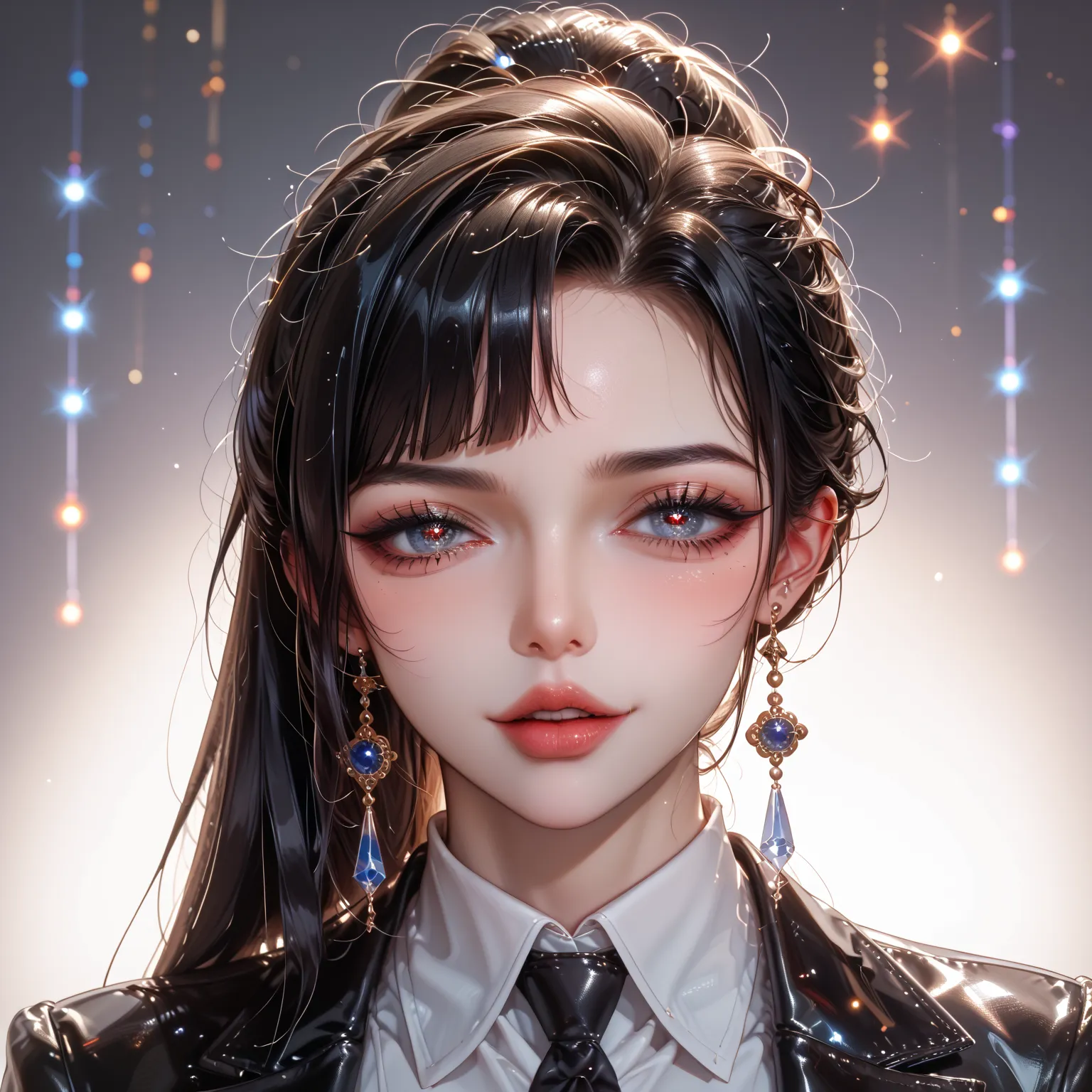 （Height Detail、digital illustration、Surrealist、anime style、8K、movie lights、Ultra-polished rendering）一幅Height Detail的digital illustration，描繪了一個具有anime style美感的年輕女性，She has a white porcelain skin tone and a smooth black pixie cut，makes her side contour clearer。Her hair style is refined，Neat edges，soft texture，gives her those big almond-shaped eyes（with deep black eyeliner）looks more calm、meditation。She wears a tight high-collared black bodysuit Dress，made of a shiny reflective material similar to latex or polystyrene。