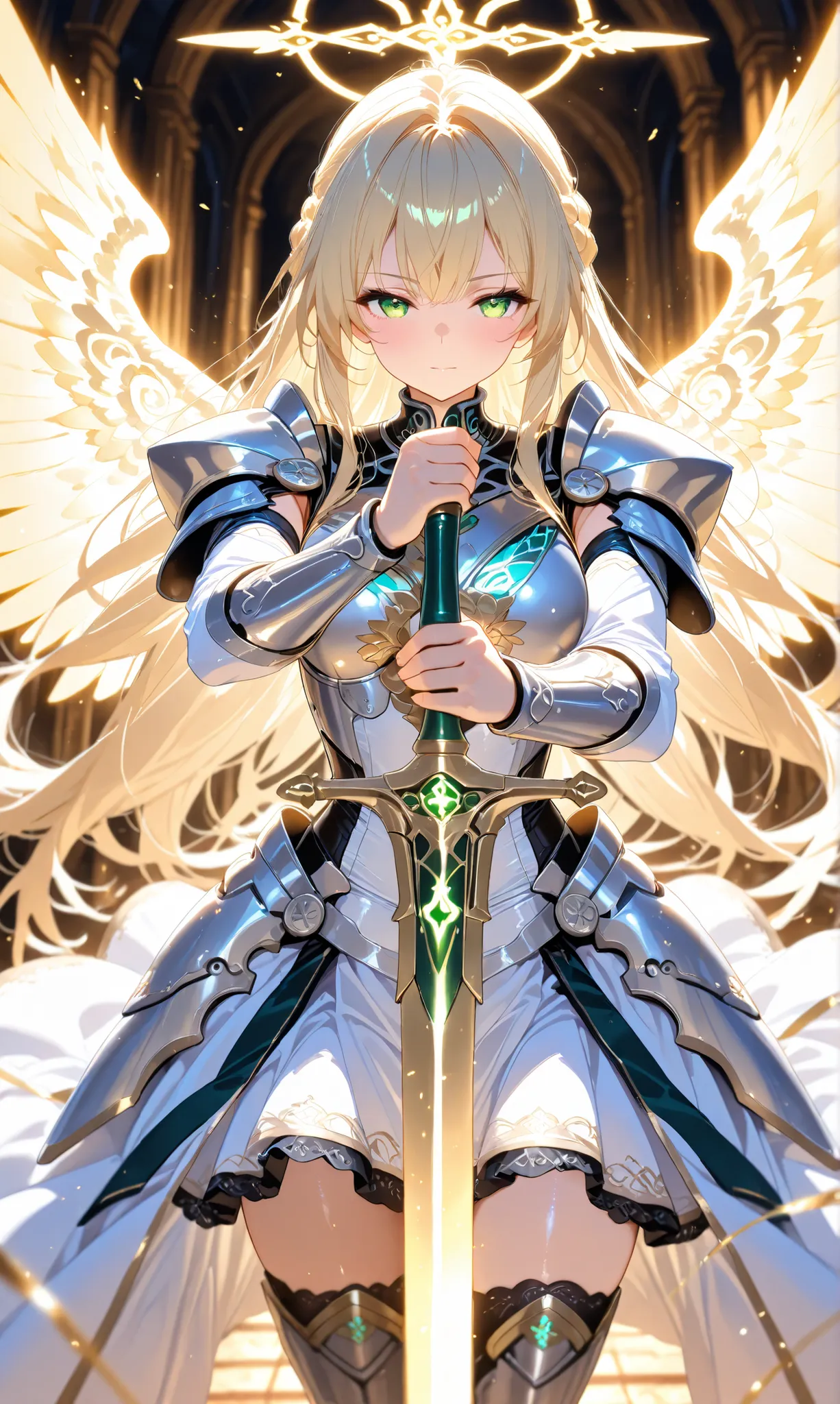 (Masterpiece, ultra-detailed, UHD 8K, highly aesthetic), (perfect cinematic lighting and depth of field). A Valkyrie angel knight with long blonde hair flowing gracefully in the wind stands by the sea at sunrise. She wears a white dress adorned with intric...