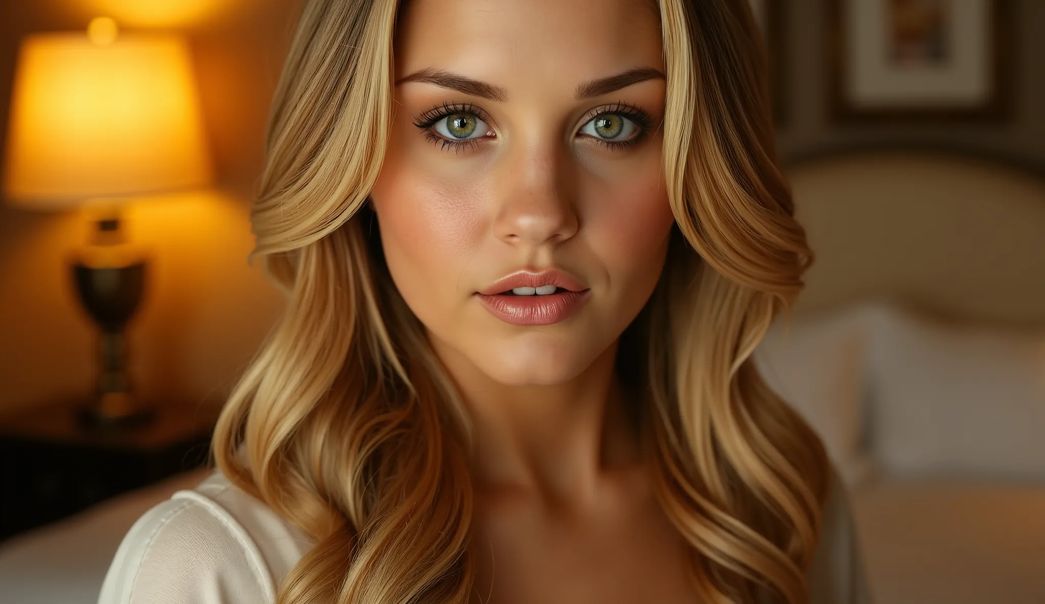 ultrarealistisch , Blonde Harre , green eyes , Schlafzimmer , 4K