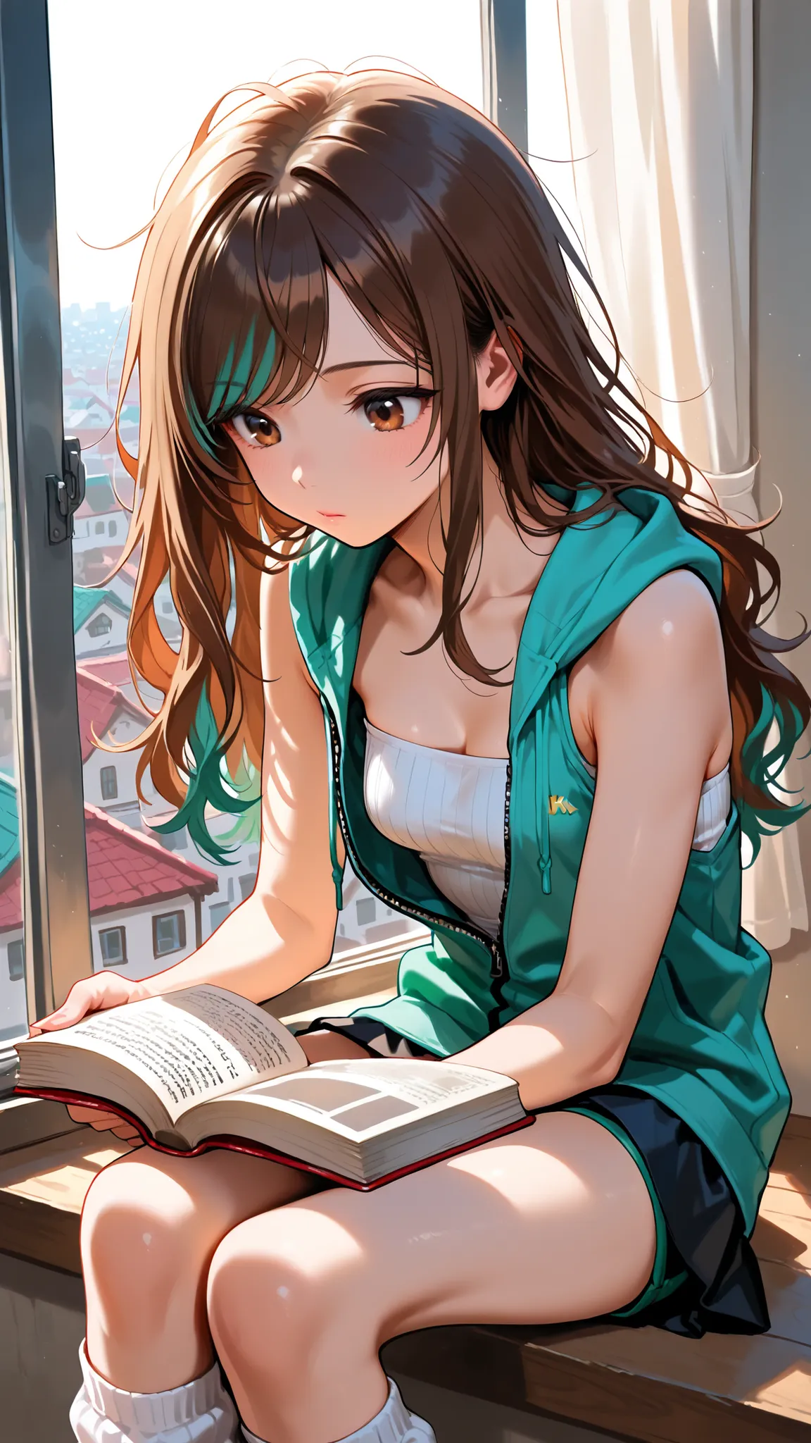 (Masterpiece, best quality), intricate details, JK,, close up, open book, reading book, looking at book, brown eyes, messy hair, very long brown hair with teal highlights, sleeveless hoodie, unzipped hoodie, strapless sleeveless shirt, white shirt, ribbed...