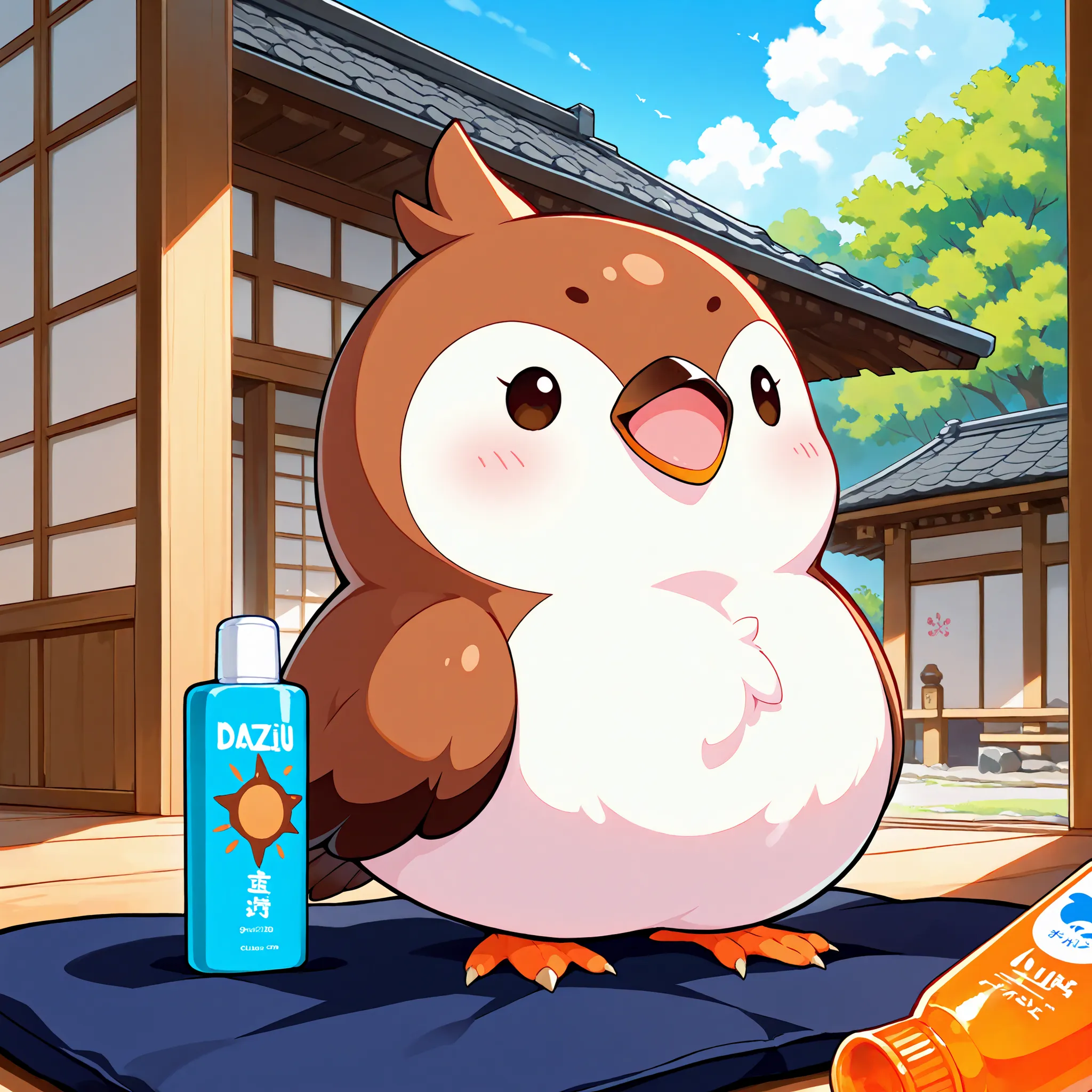 Masterpiece,Best quality, ultra detailed,Japanese Anime style, (brown sparrow mascot) , round body, fluffy body,brown color body,simple face, cute appearance, Shocked, bottle of sunscreen, on the roof of a Japanese house, dazzling sun, clear skies,