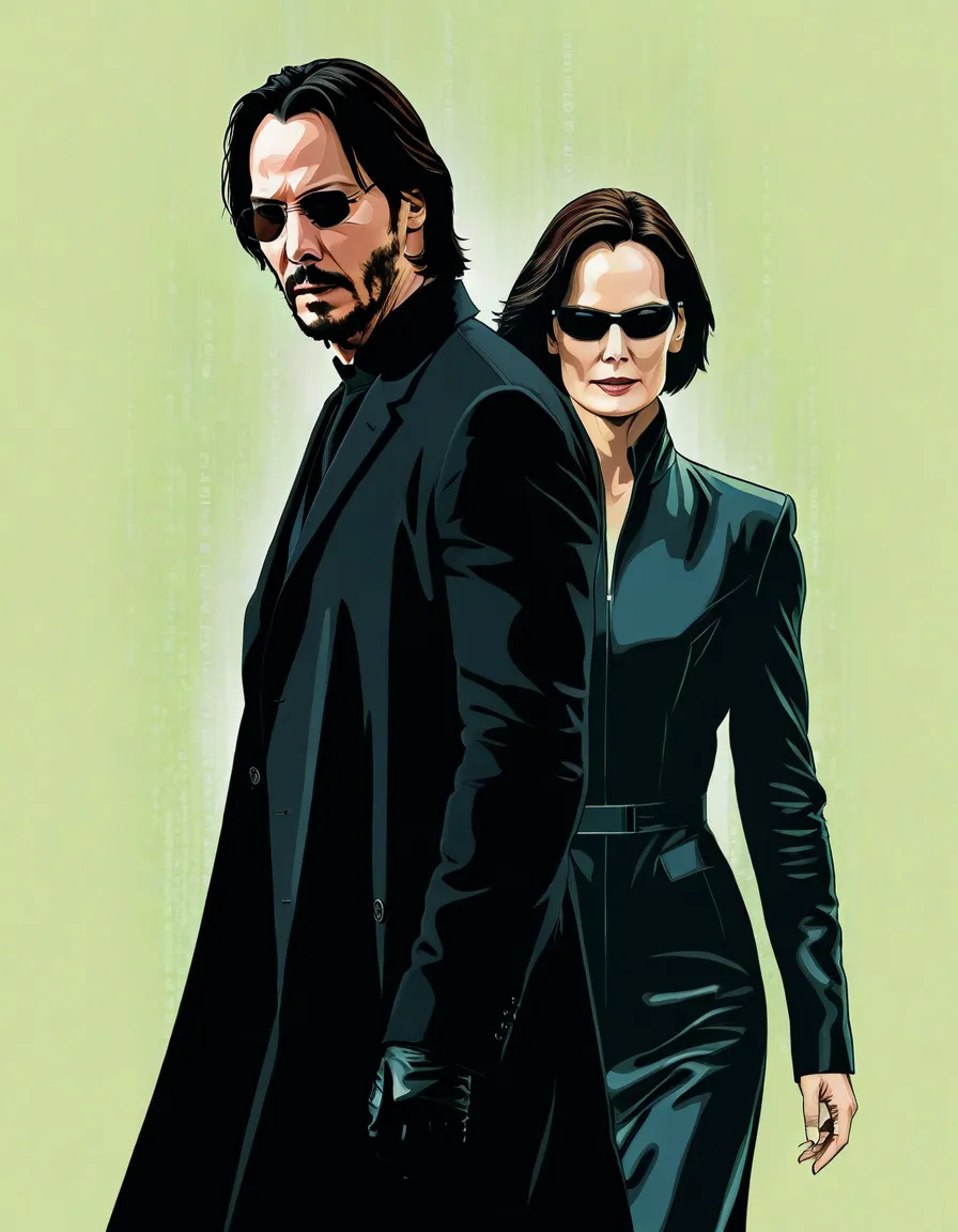 neo (Keanu Reeves) from the matrix movie in vector style, wearing his long coat, and trinity (carrie Ann Moss) in the background both wearing glasses, in vector style poster