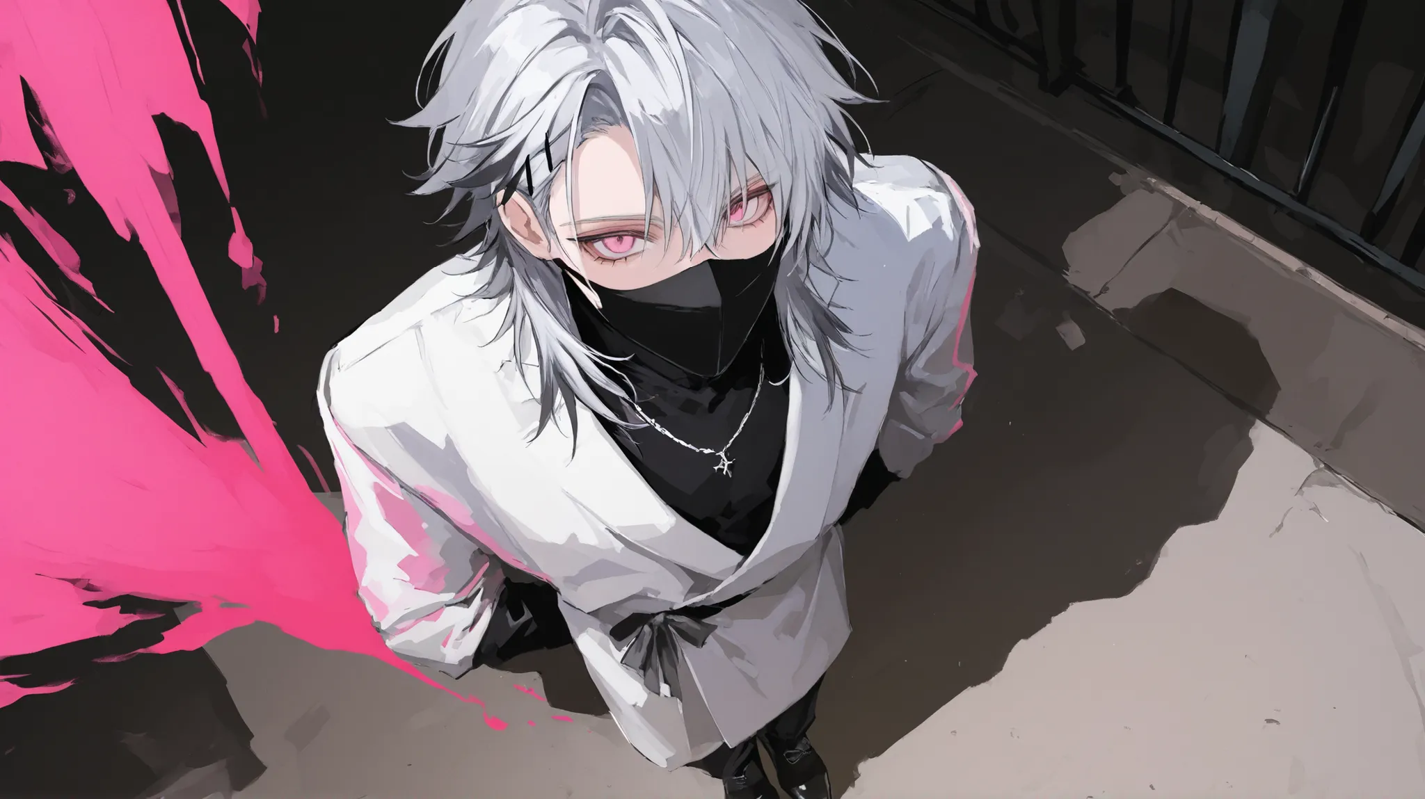 Highest Quality　1 male　full body　standing　black mask　hugs the princess from above angle　street fashion　white clothes　Gray Hair　hair tips are pink　shocking pink eyes　mischief　