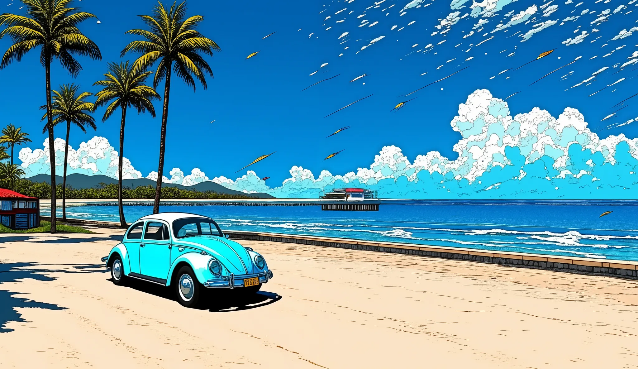 80's city pop art,  strand, ( Windline   ), Palm Tree,   particle, 1966 Volkswagen Beetle Type-1, sea, Pier,   . ( masterpiece, Highest Quality:1.2)masterpiece, High detail during meals, ultra high definition, Look Around, Bird&#39;s Eye View