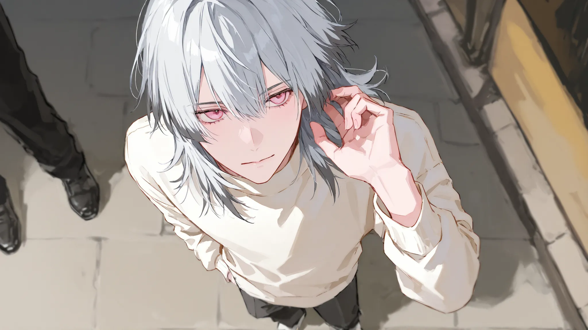 Highest Quality　1 male　full body　standing　I feel like I'm looking into a camera　hugs the princess from above angle　street fashion　white clothes　Gray Hair　medium hair　hair tips are pink　shocking pink eyes　mischief　