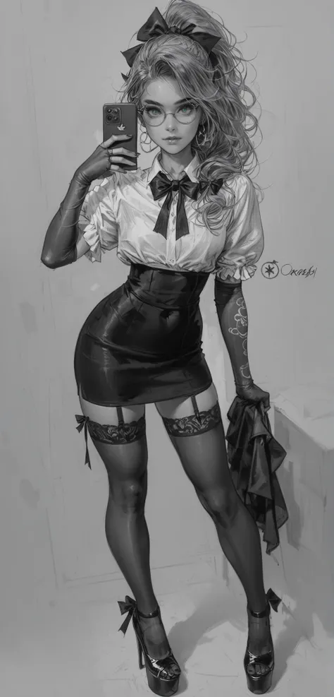 Freehand sketch style with a simple pencil. (((black and white))) . Young woman with blonde brown hair, bob haircut straight hair  , 18 years old,  skinny,   not tall  ,  green eyes, .  wide hips . round glasses. naked. sexy.  Tattooed right arm and should...
