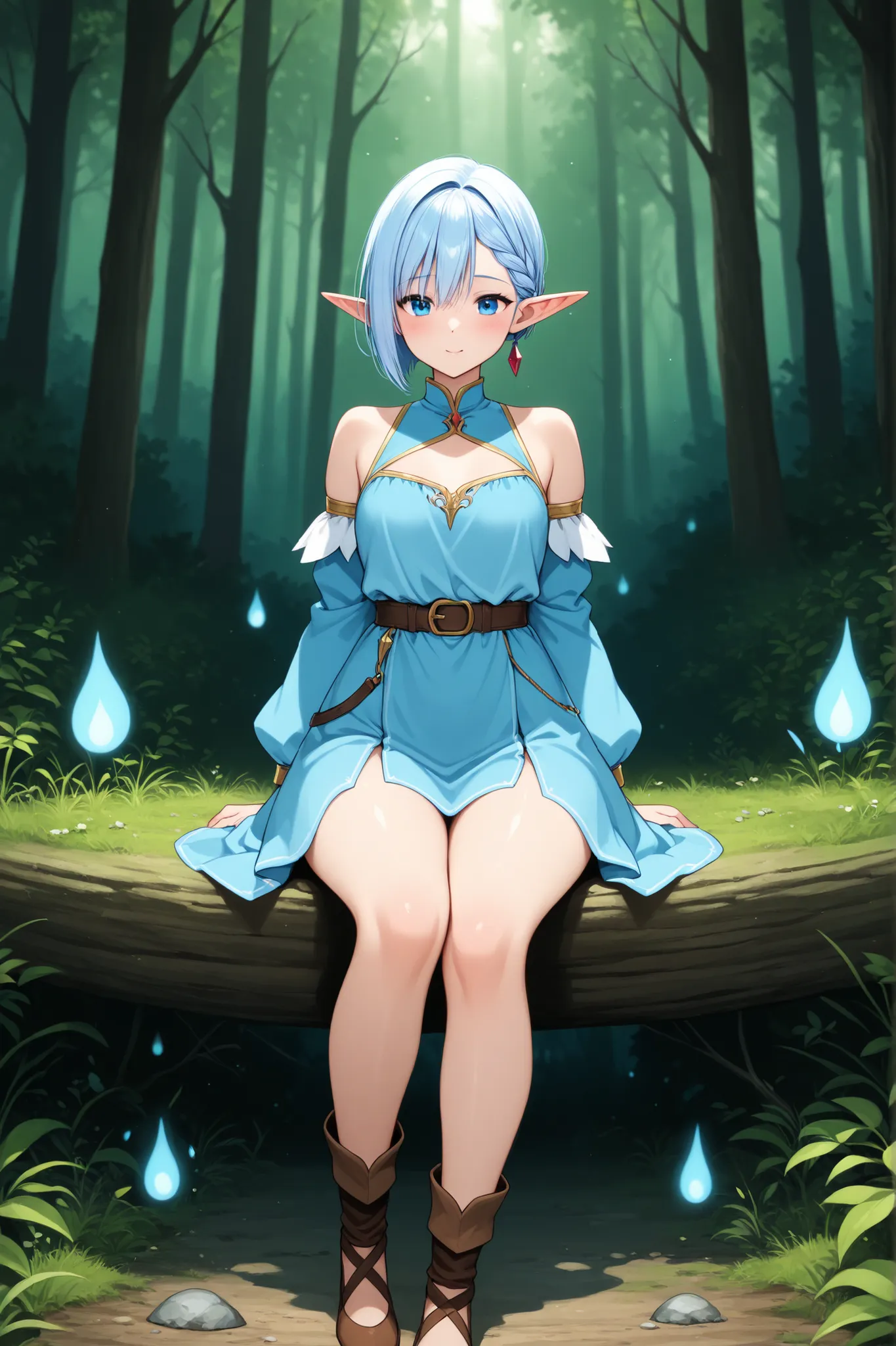 A short-haired, -sized, elf-eared woman in a fantasy style costume is sitting on the forest floor and taming 3 small light blue slimes