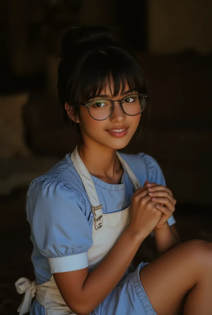 ((Highest Quality、masterpiece、high sensitivity、high definition、detailed depiction、depicting a delicate face、Ｆvalue：6.0),((Slender Woman、wearing glasses)),blue maid clothes、apron mini skirt、 smiling and 、kneel、
