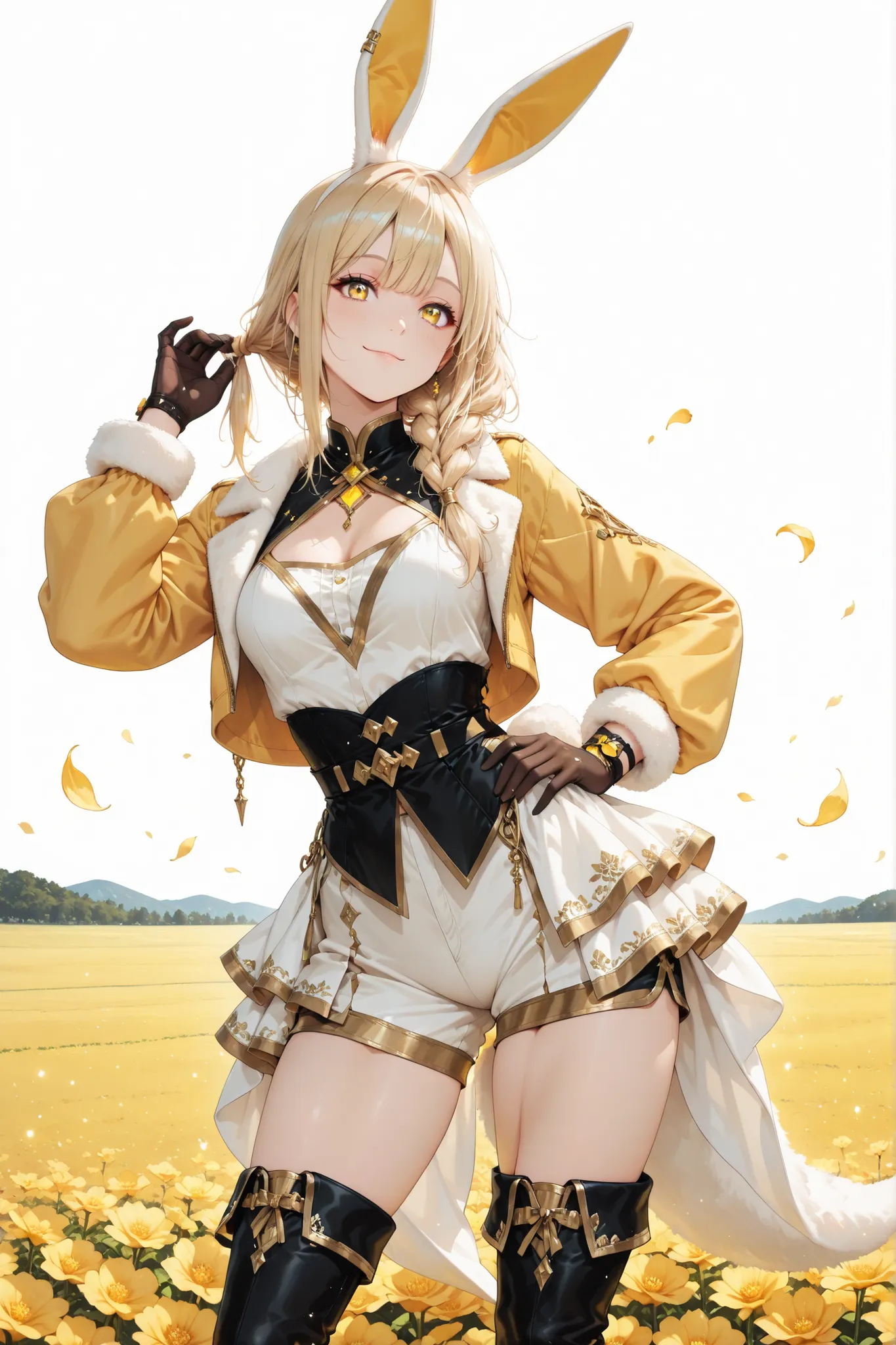 ((masterpiece, best quality, anime style, ultra-detailed)), (1girl, solo, beastwoman), (young female, –19, beautiful and cute build, long yellow bunny ears:1.6, fluffy yellow bunny tail:1.4, glowing golden-yellow eyes:1.4, gentle warm smile, radiant fair s...