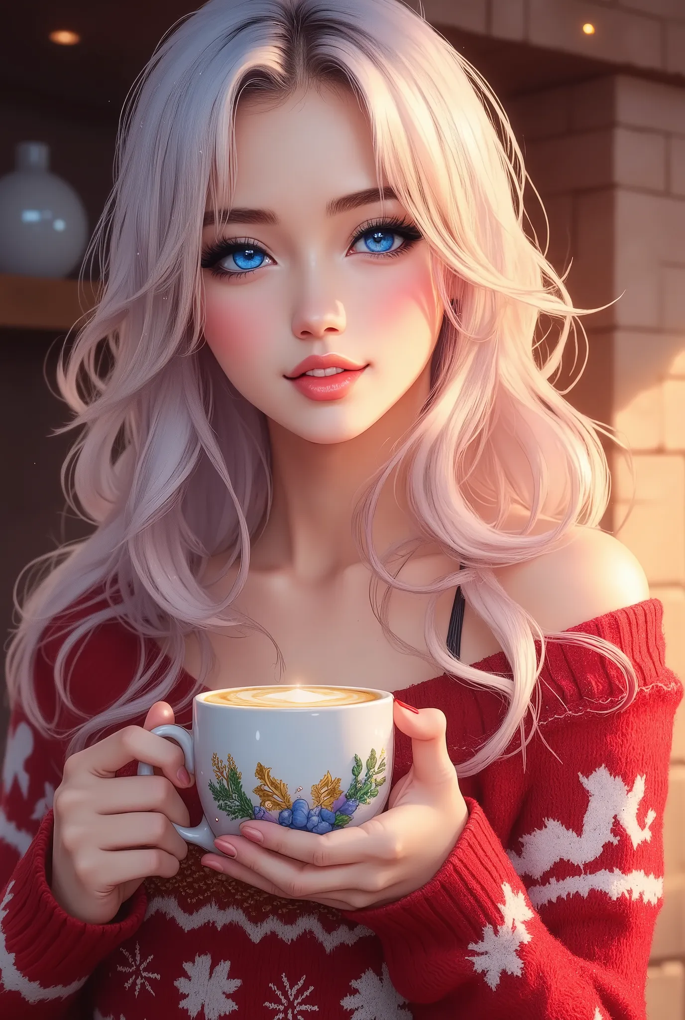 A beautiful woman with beautiful eyes:1.2, detailed eyes, Beautiful luscious lips, highly detailed eyes and faces, longs cils, expression mignonne, sourire, assis:1.4, tenant une tasse de latte chaud, fond accueillant, Christmas sweater , chimney, warm lig...