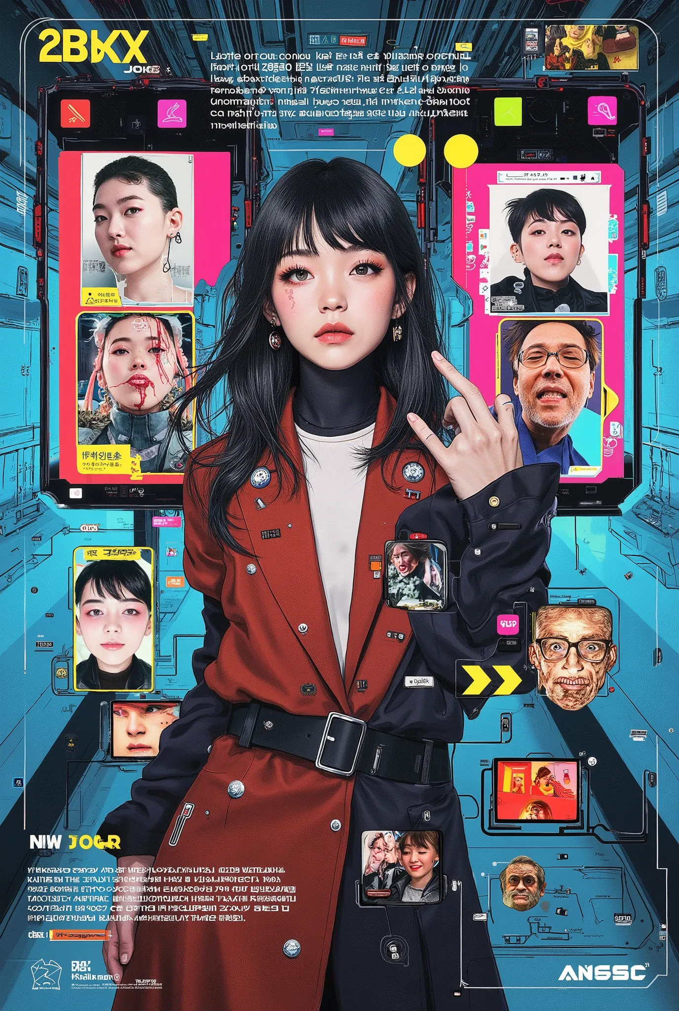 An East Asian woman surrounded by multiple doppelgängers of herself, each representing a different digital persona: one in glamorous fashion with social media filters (Instagram), one in office wear stressed out (Gmail/Slack), one dancing in neon lights (T...