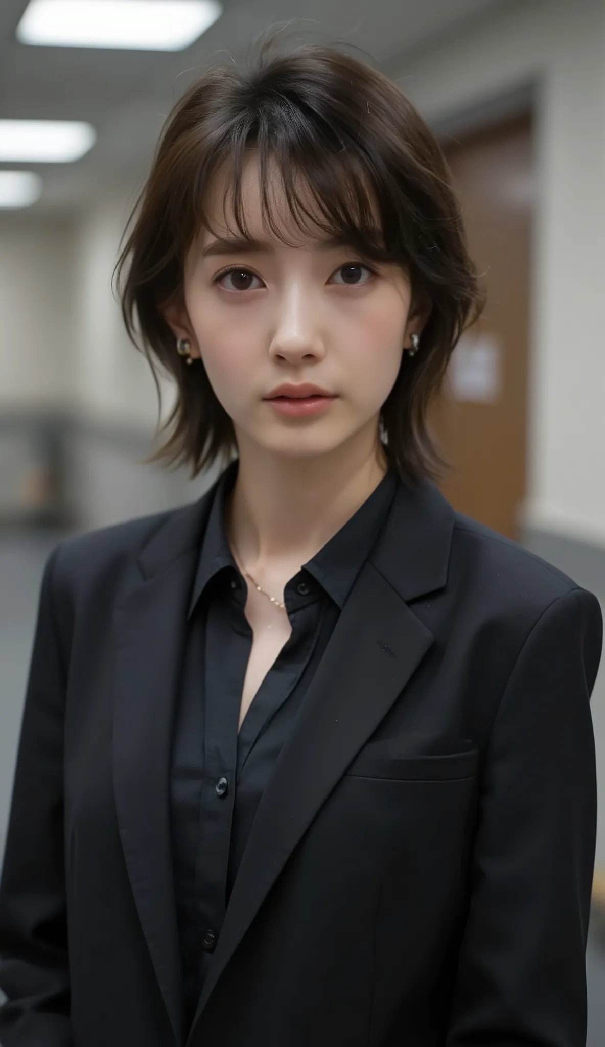 Neat Young Woman、and look at the camera、dark eyeshadow、 pale brown hair、Hairstyle ショートボブ、ボブヘア、歯を見せた笑顔、office lady suit、jacket、shirt、、Background is in a room、
