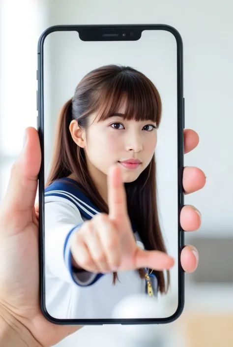 Create an image of a beautiful Japanese idol girl displayed on a smartphone screen. She has long, straight hair styled in a ponytail with bangs, and is wearing a sailor uniform. The setting is a bright white room, with the smartphone screen filling the fra...