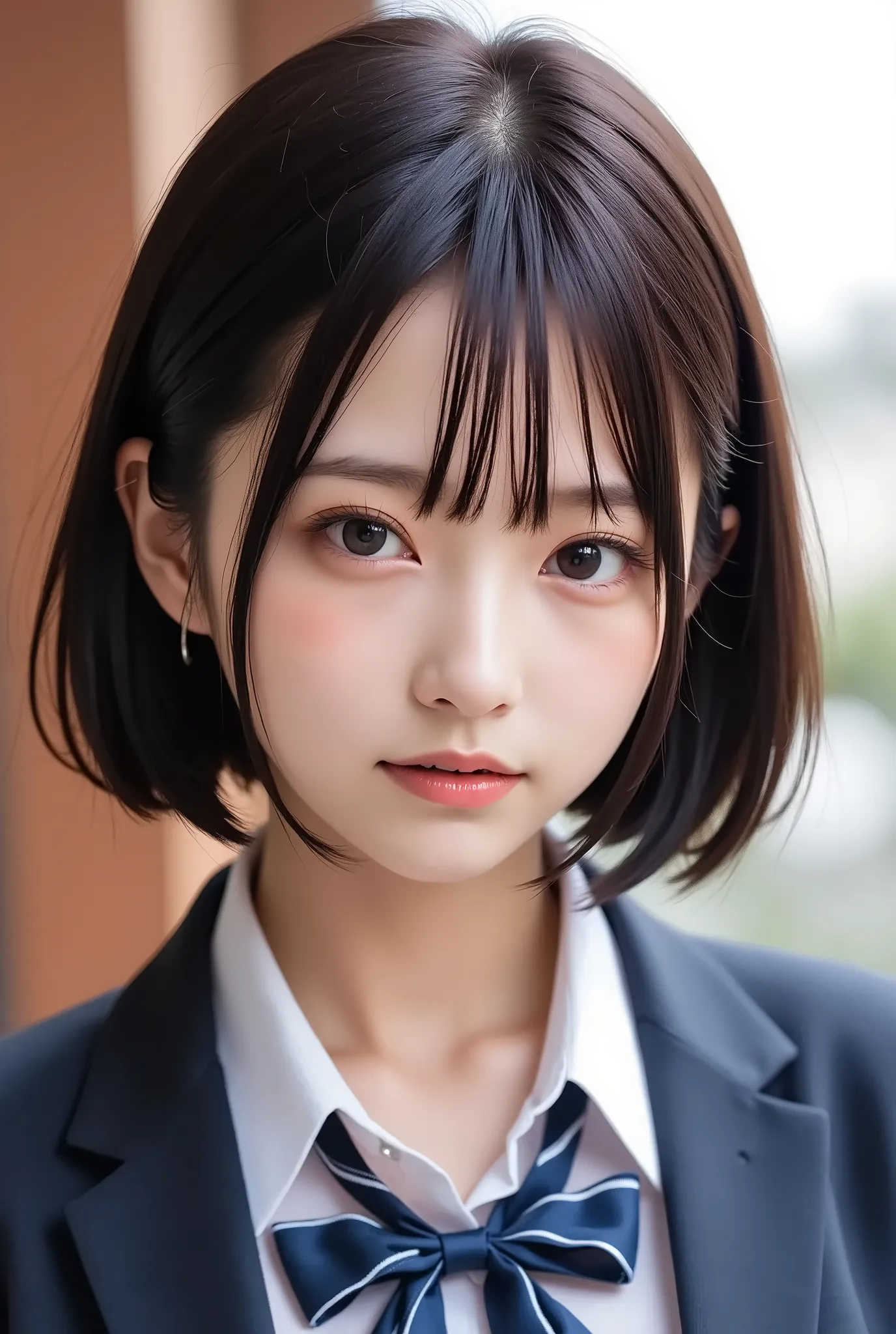 清楚な若い女性、、close your mouth:1.2、realistic、Photorealistic、very detailed、The inside with the most detailed skin、best quality、masterpiece、Ultra high definition、very short hair、Women's College、young girl、、bang、double eyelids、Drooling eyes、The Face of Japan to im...