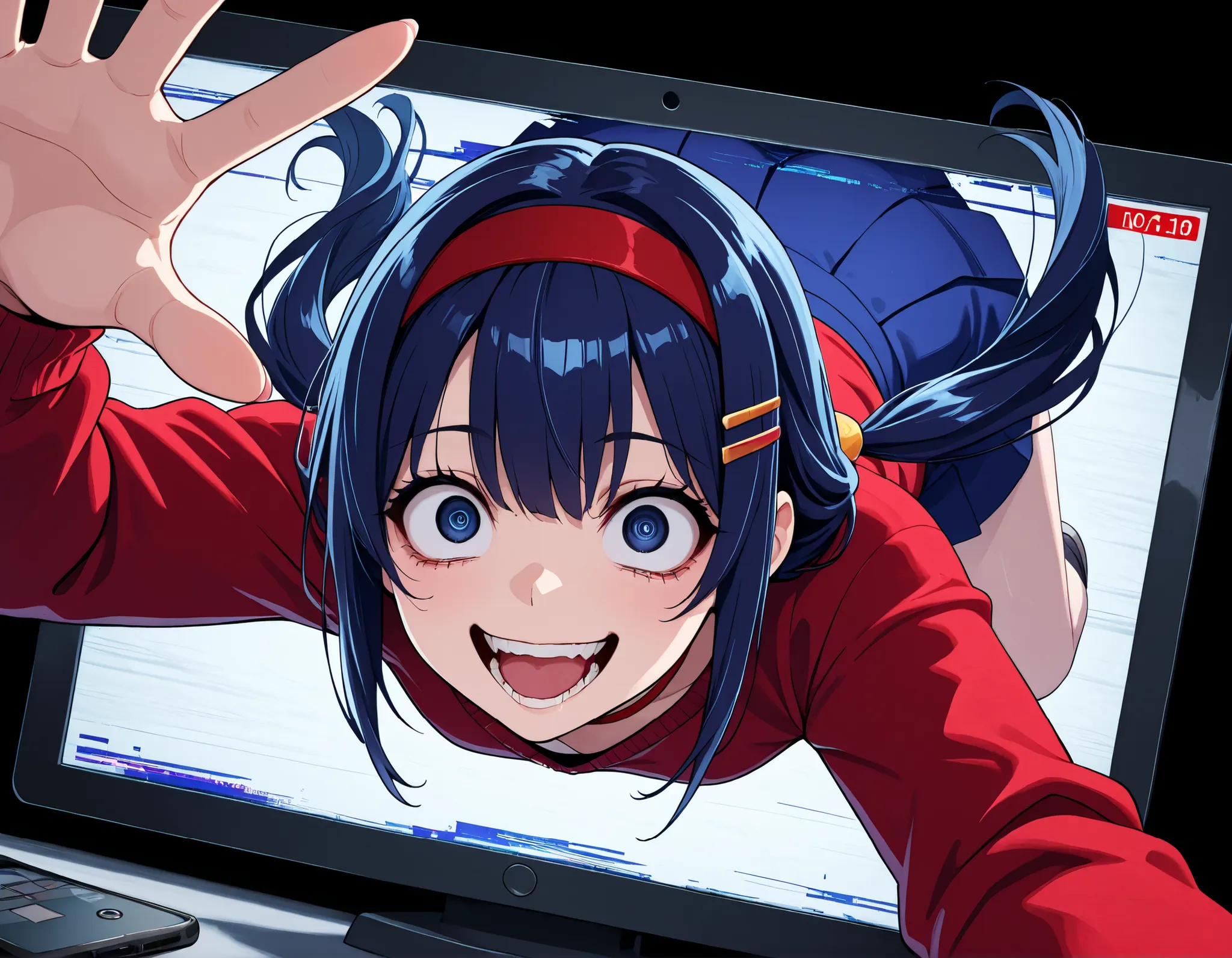 1girl, mita\(miside)\, dark blue eyes, dark blue hair, blue skirt, red choker, = hair ornament, red hairband, hairclip, red sweater, long hair, long sleeves, low twintails, miniskirt,cellphone, reaching viewer, crazy smile, crazy eyes, through screen ,thro...
