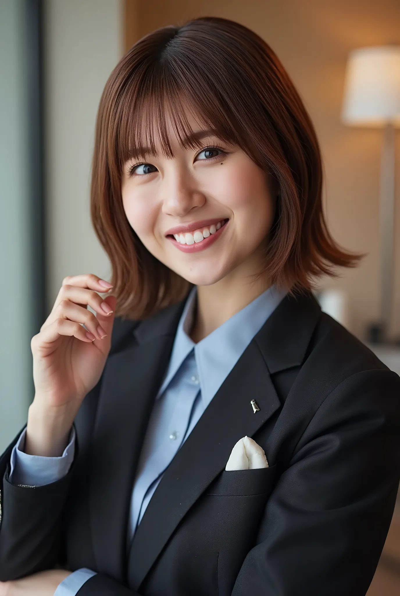 eat Young Woman、and look at the camera、smile showing teeth、office lady suit、jacket、shirt、髪型ショートカット、 brown hair、dark eyeshadow、upper body、Background is in a room、