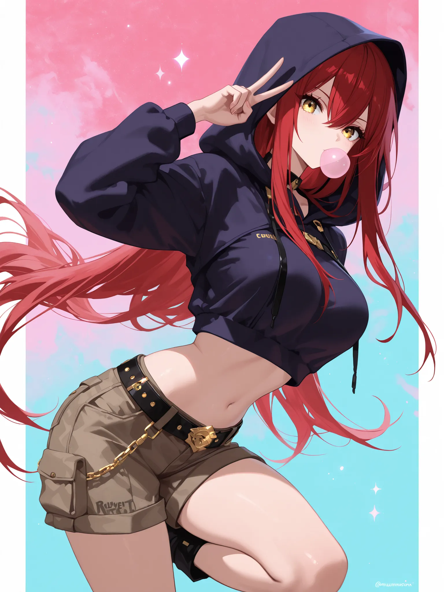 1 girl , golden eyes , very long hair , long sidelocks, red hair ,half updo, petite , very cute , beautiful ,Straight hair, cool, handsome, hair between eyes, sexy, mediumlarge breasts, hoodie with hood, crop hoodie, hood up, cargo shorts, rivet belt, slan...