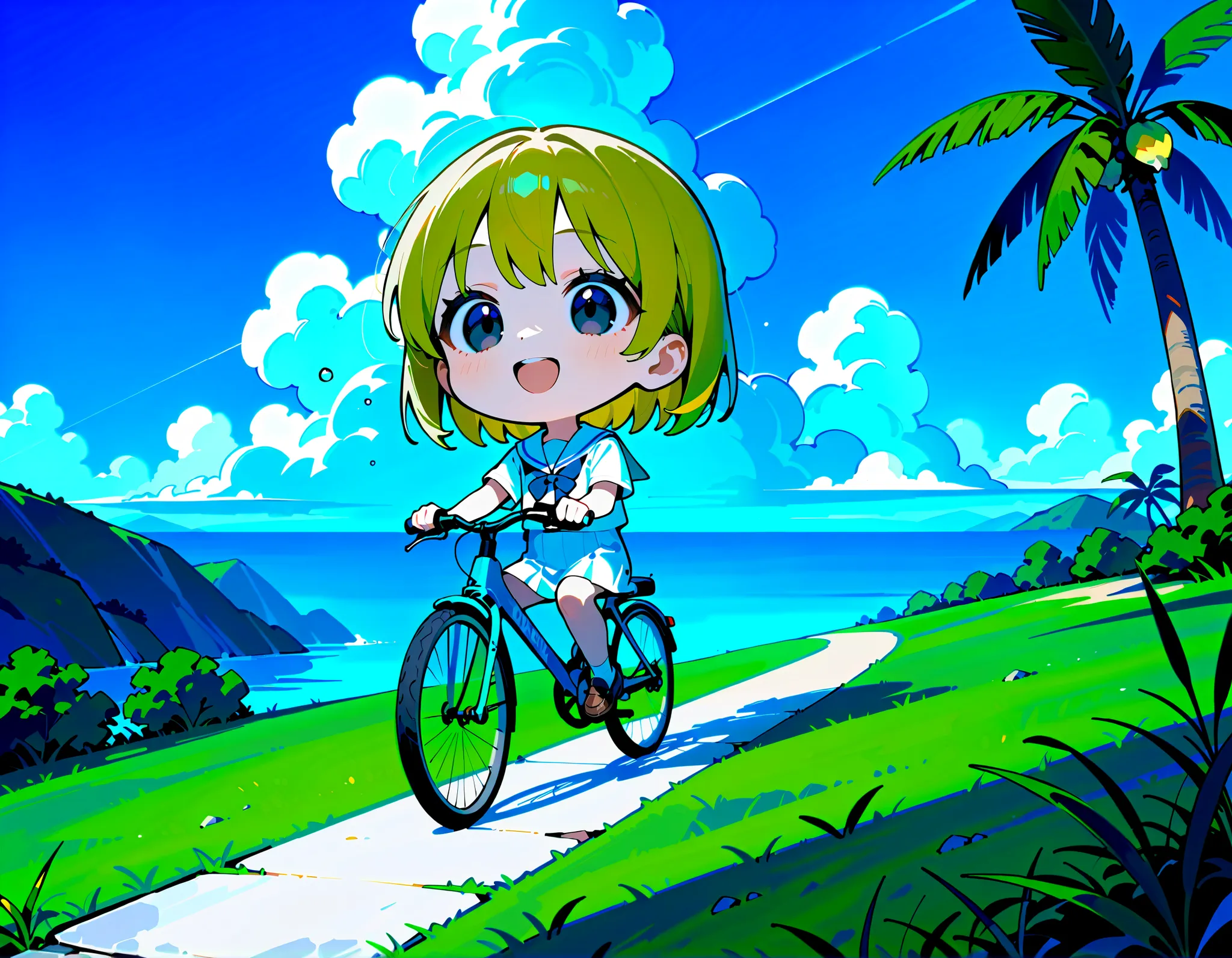 (Close-up, Girl riding a white bicycle), light tones, background portrait, petite and cute, short-sleeved white sailor uniform, golden hair, detailed black eyes, short hair, straight hair, smiling face, slim but well-proportioned figure, wearing loafers, p...