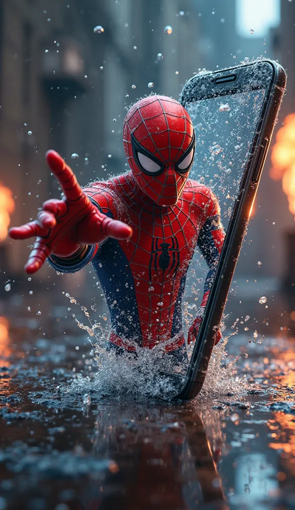 fantasy style. New smartphone with a 3D screen. Spiderman appears from the phone screen, half of the body is already out of the phone, and her hand is extended to the viewer, The phone is in angular perspective, On the table, A sci-fi ivory effect is created, with vector breaks, effects of broken glass and explosions.
